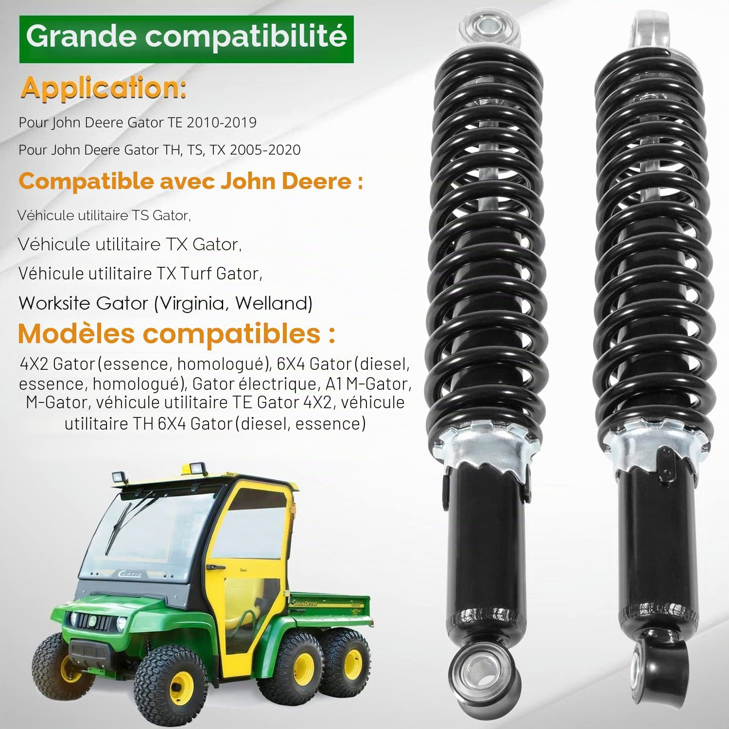 AM129514 Kit de suspension de roue avant d'amortisseur compatible avec John Deere Gator 4X2 6X4 TE TH TS TX Véhicules utilitaires de pelouse Amortisseur avant gauche et droit Ressort à vis