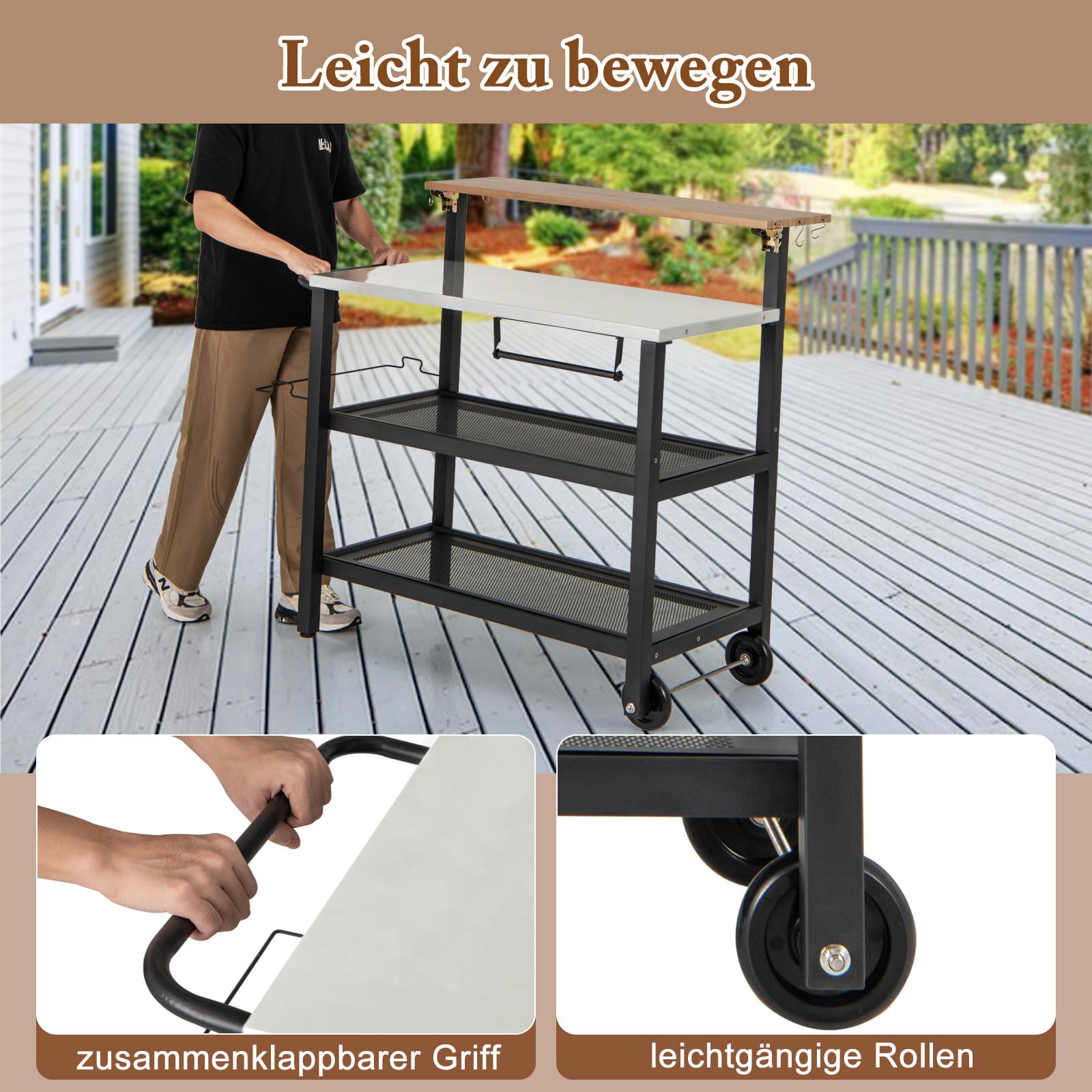 COSTWAY Grillwagen Outdoor, Grilltisch mit aufklappbarem Tisch, 6 Hakens, Müllbeutelhalter & 2 Rollen, bis 230 kg, Campingtisch Metall, Servierwagen für Garten Terrasse, 116 x 73 x 111 cm