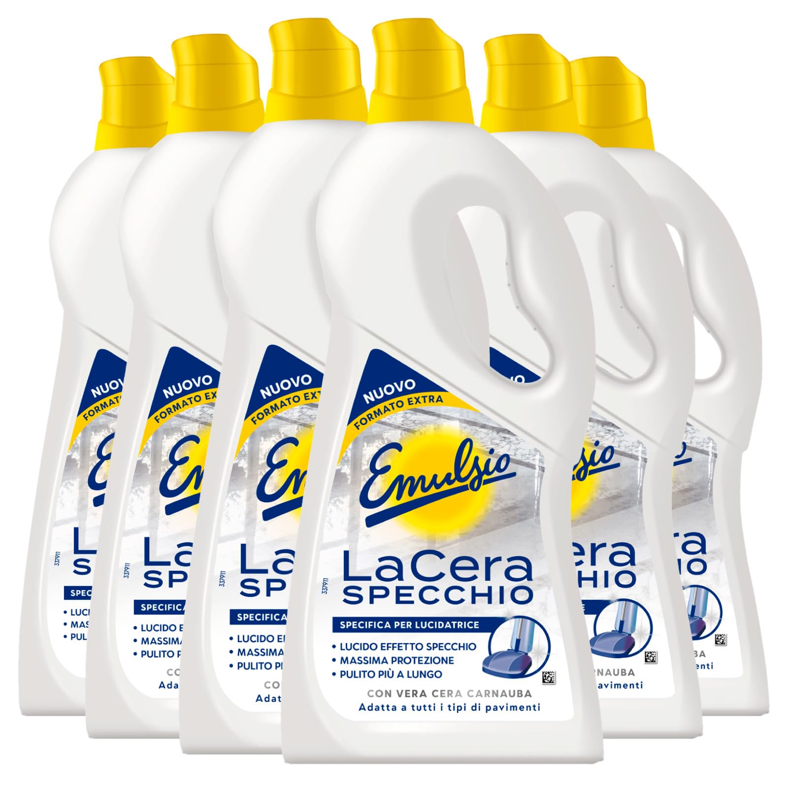 Emulsio - Cera de espejo tradicional para todos los suelos, específica para pulidora, fórmula con cera de carnauba natural, acción protectora e impermeabilizante – 6 botellas de 725 ml