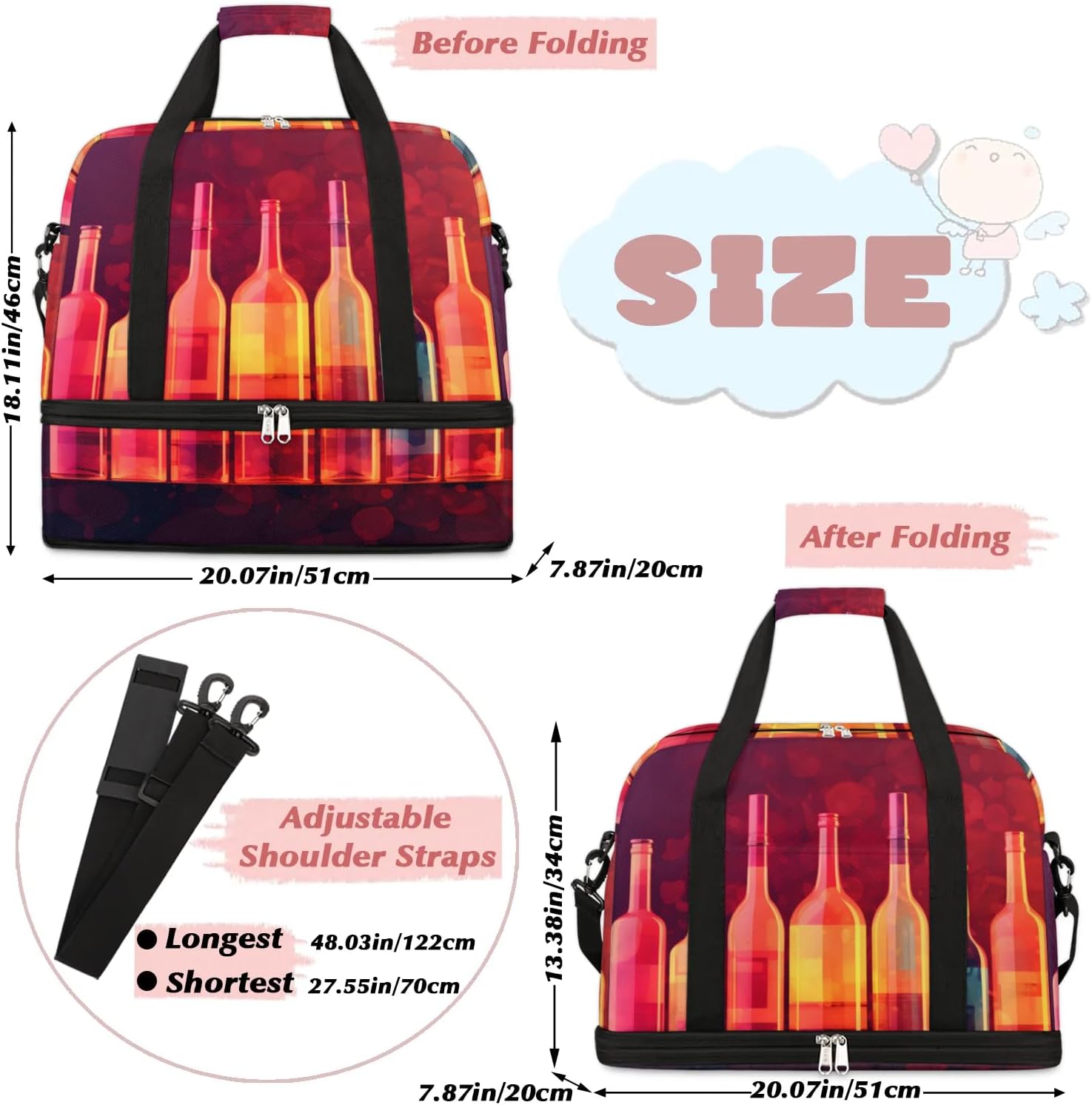 Sports Duffel Bag, Foldable Wine Travel Duffel Bag, Gym Yoga Beach Bag Weekender Overnight Bag with Shoes Compartment for Men Women, Red Wine Bottle