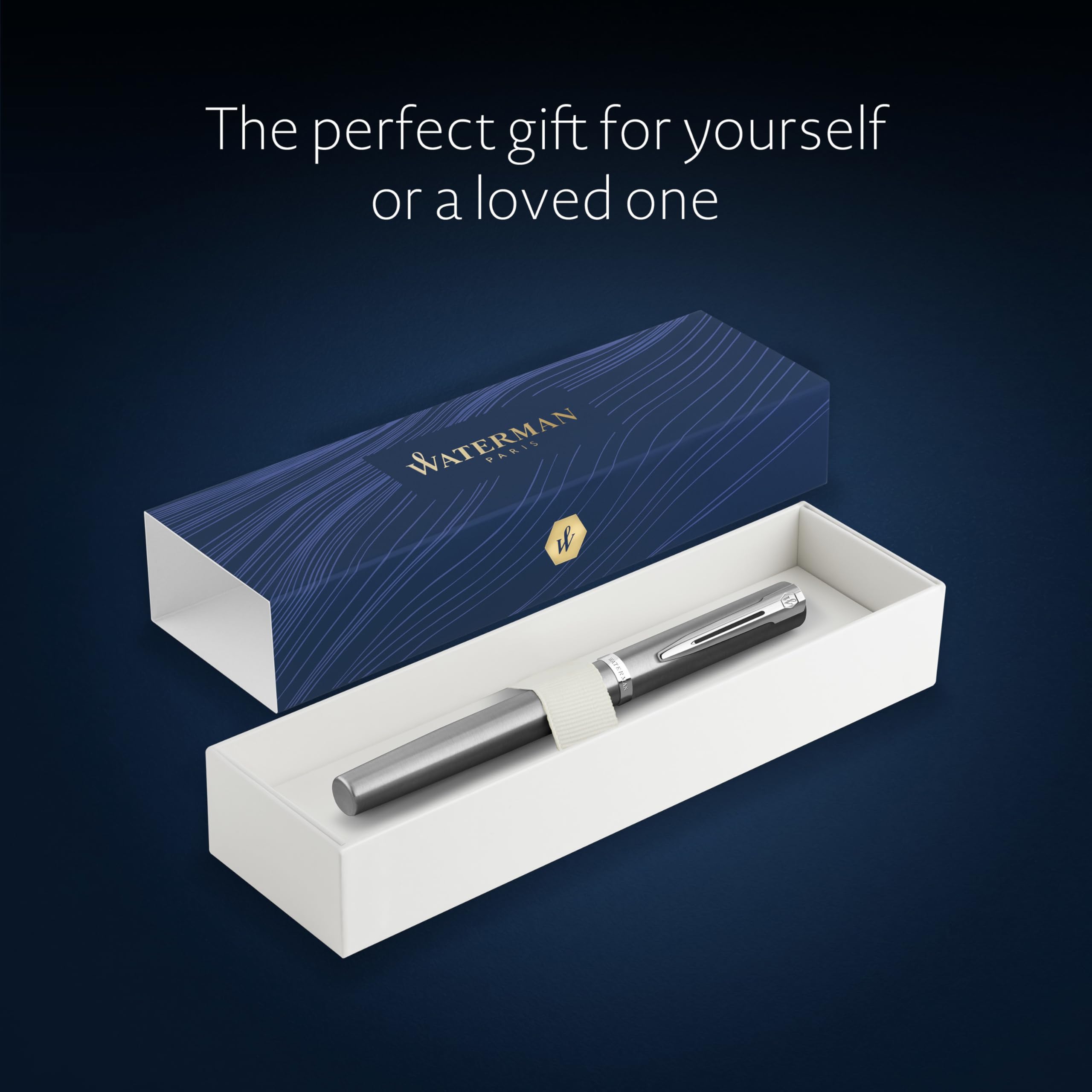 Waterman Impression Penna Stilografica | Pennino Medio con Ricarica di Inchiostro Blu | Acciaio Inossidabile con Rifiniture Placcate in Palladio | Confezione Regalo
