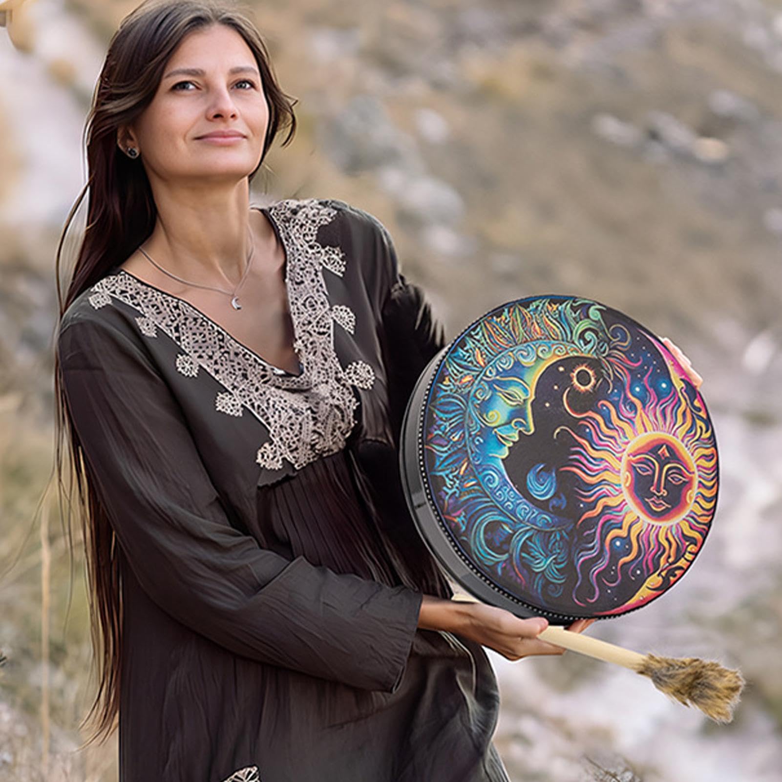 Indianische Trommel, Handtrommel für Erwachsene - Handtrommel aus PU-Leder Handgefertigte Schamanentrommel | Authentisches Klangwerkzeug für spirituelle Musik, runde Schamanen und