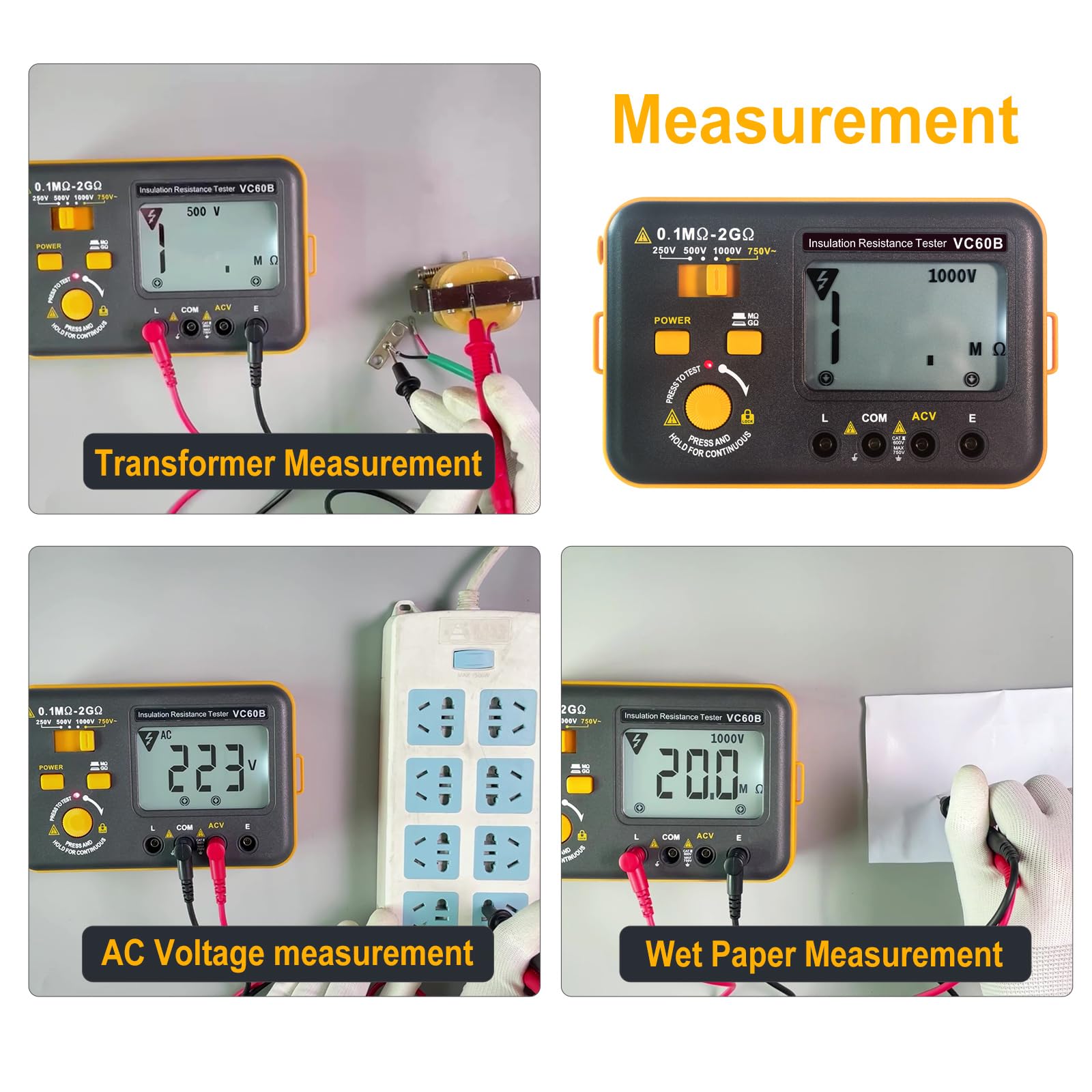 Probador de Resistencia de Aislamiento Megohmmeter Ohmmeter Meter 2GΩ - Resistencia Medición de Voltaje AC 750V - Pantalla LCD