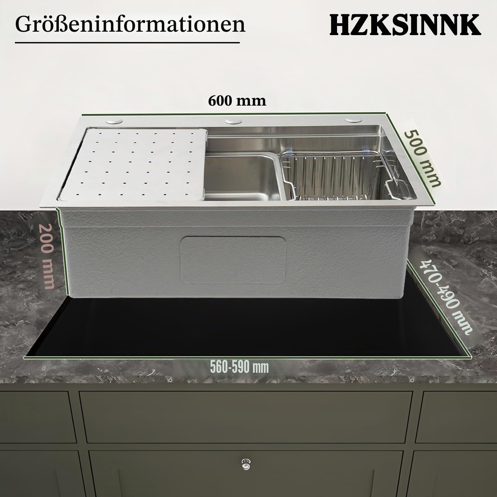 304 Edelstahl-Spüle, 1-Becken Einbauspüle, Gebürstete Küchenspüle, Großes Becken, 60x50cm Tiefe, Handgefertigt, Multifunktionales Spülbecken, Mit Siphon, Ablaufgarnitur