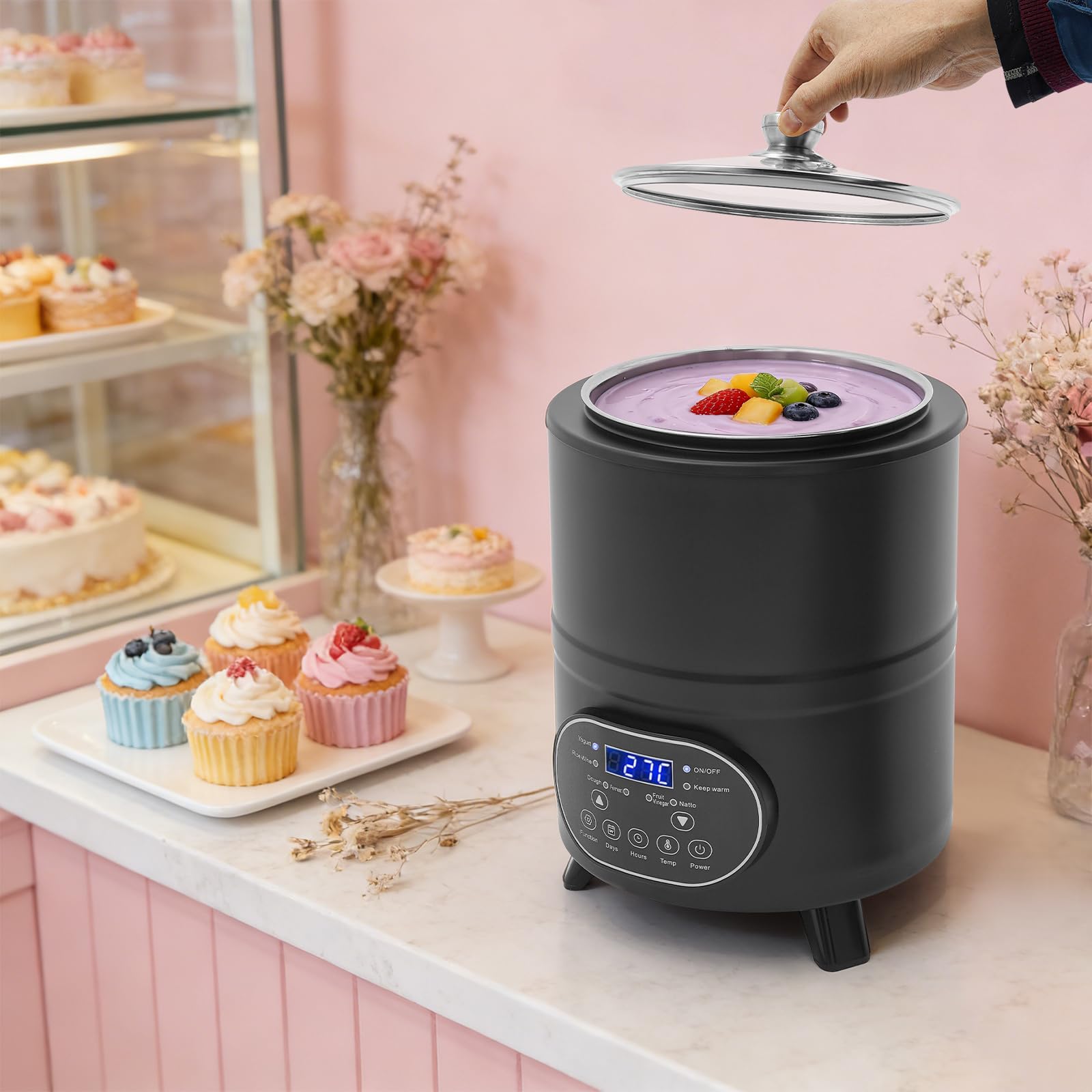 8L Joghurtmaschine, Automatischer Joghurtmaschine mit Temperaturen & Timer, Verstellbarer Temperaturbereich 25-80°C/77-176°F für den Heim-Bio-Joghurt,Käse-/Natto-Zubereiter,Fruchtwein (Schwarz)