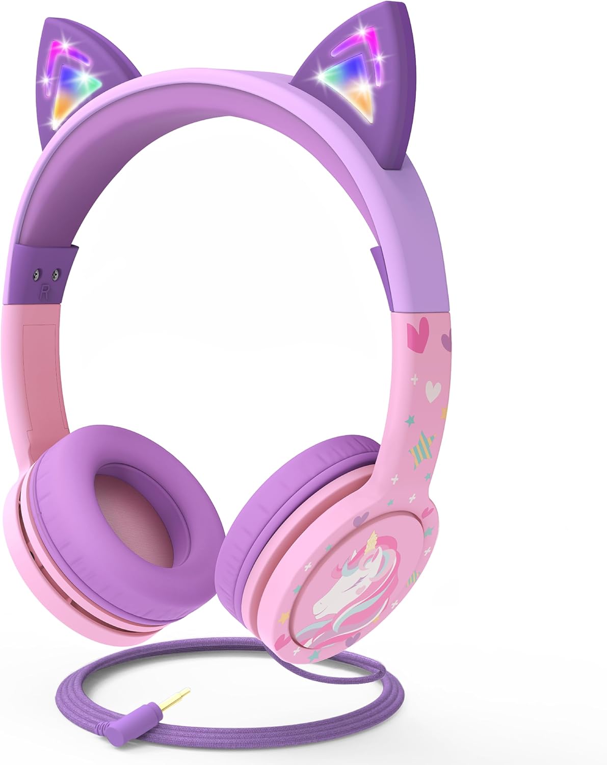 Kids Headphones with LED Light Up Cat Ears, Wired 3.5mm On-Ear Headset (Safe Volume Limit 85 dB) Lightweight for Boys Girls School Travel Tablet PC – Baby Pink/Lavender