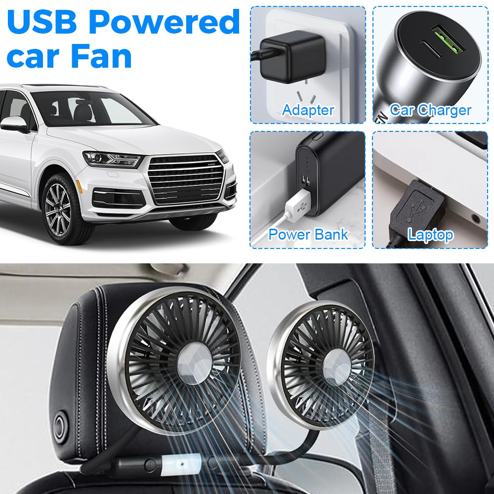 Ventilateur De Voiture, Ventilateur Voiture à Double Tête, Passager Arrière Ventilateur De Refroidissement 3 Vitesses Et Rotation à 360° Ventilateur, Ventilateur Auto Pour Voitures,Camions,Suv