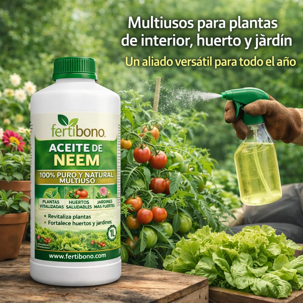 FERTIBONO Aceite de Neem 100% Puro, 1 L, Prensado en Frío, Multiusos para Plantas, Huerto y Jardín