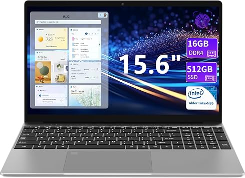 KurieTim 15.6" Laptop Computer with IntelN95 Quad-Core Processorup to 3.4GHz, 16GB DDR4 RAM 512GB SSD, Backlight Keyboard, Fingerprint Reader, USB3.0x2, Windows11Pro Silver, 16GB | 512GB