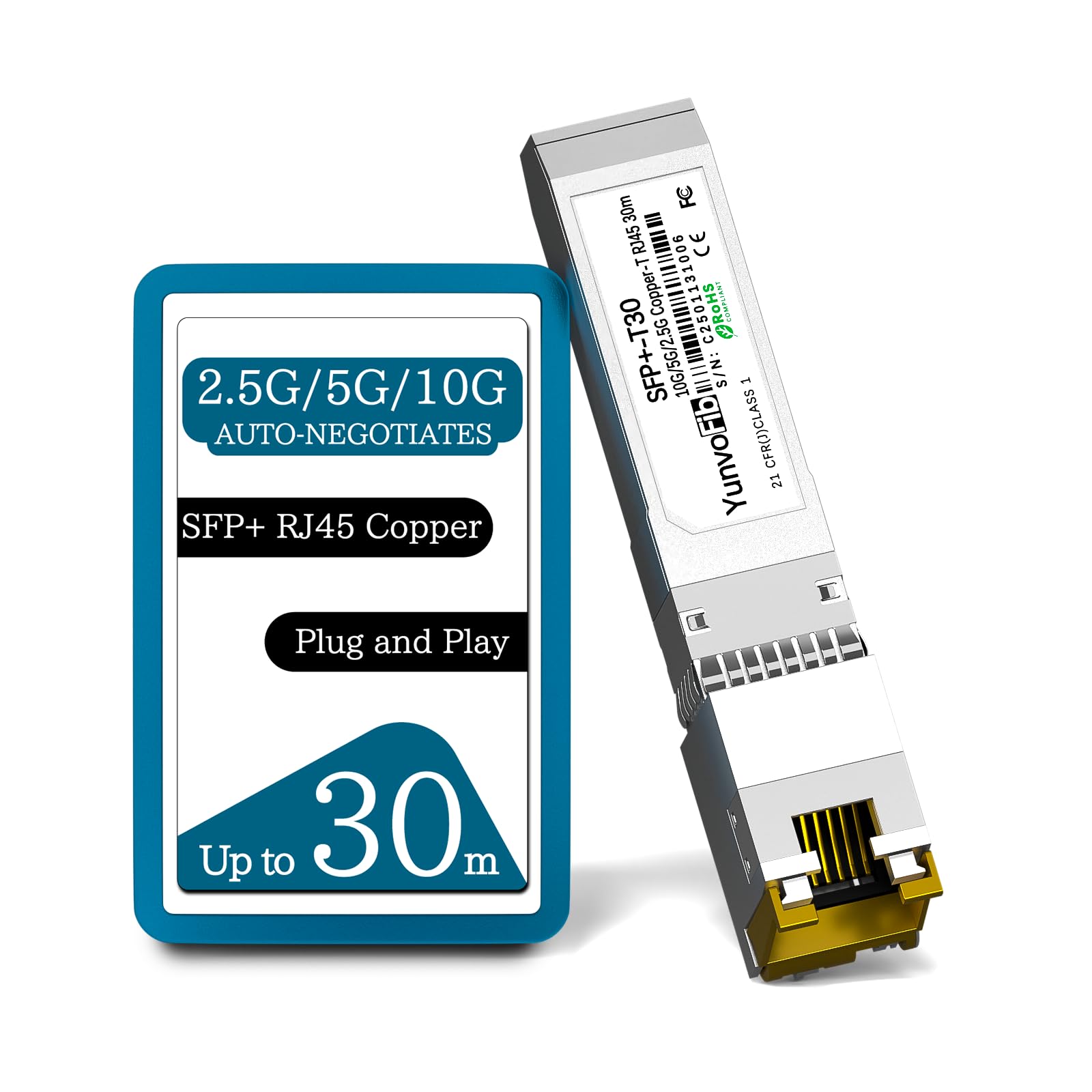 SFP+ to RJ45 10G Transceiver - 10GBASE-T SFP+ Copper 30m RJ45 Transceiver Module Support 10G/5G/2.5G, Plug and Play SFP+ Module Compatible with Cisco D-Link Mikrotik Ethernet Switch