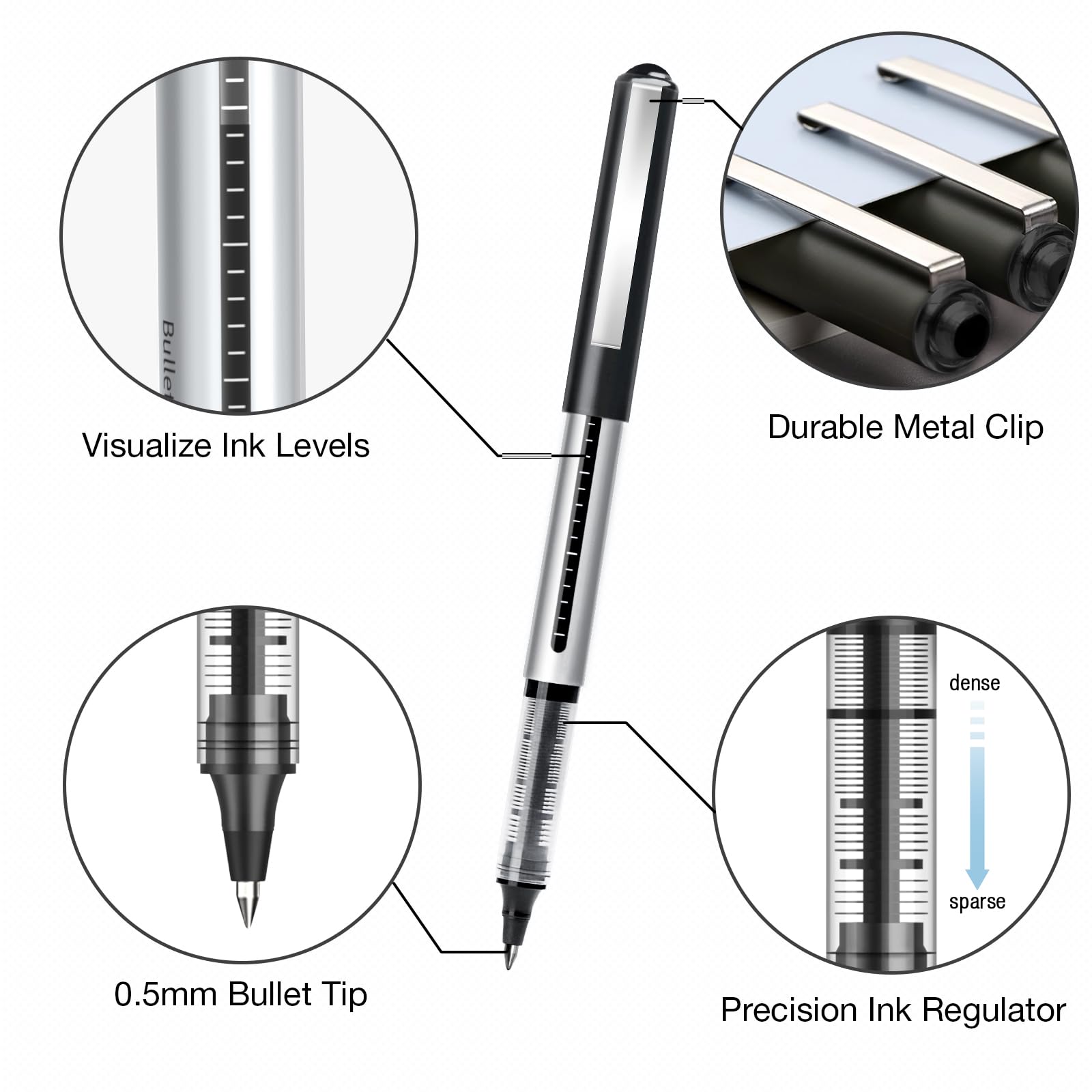 Rollerball Pens Black Ink, 16 Pack 0.5mm Writing Pens, Large Capacity, Quick Drying, Smooth Writing, No Bleeding - Image 2