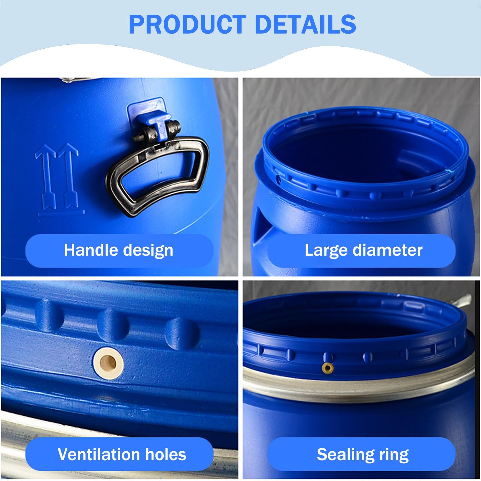 Tonneau plastique bleu avec couvercle, baril ouvert sur le dessus for l'expédition et le stockage industriel, reservoir eau conception hermétique, recuperateur d eau de pluie(60L)