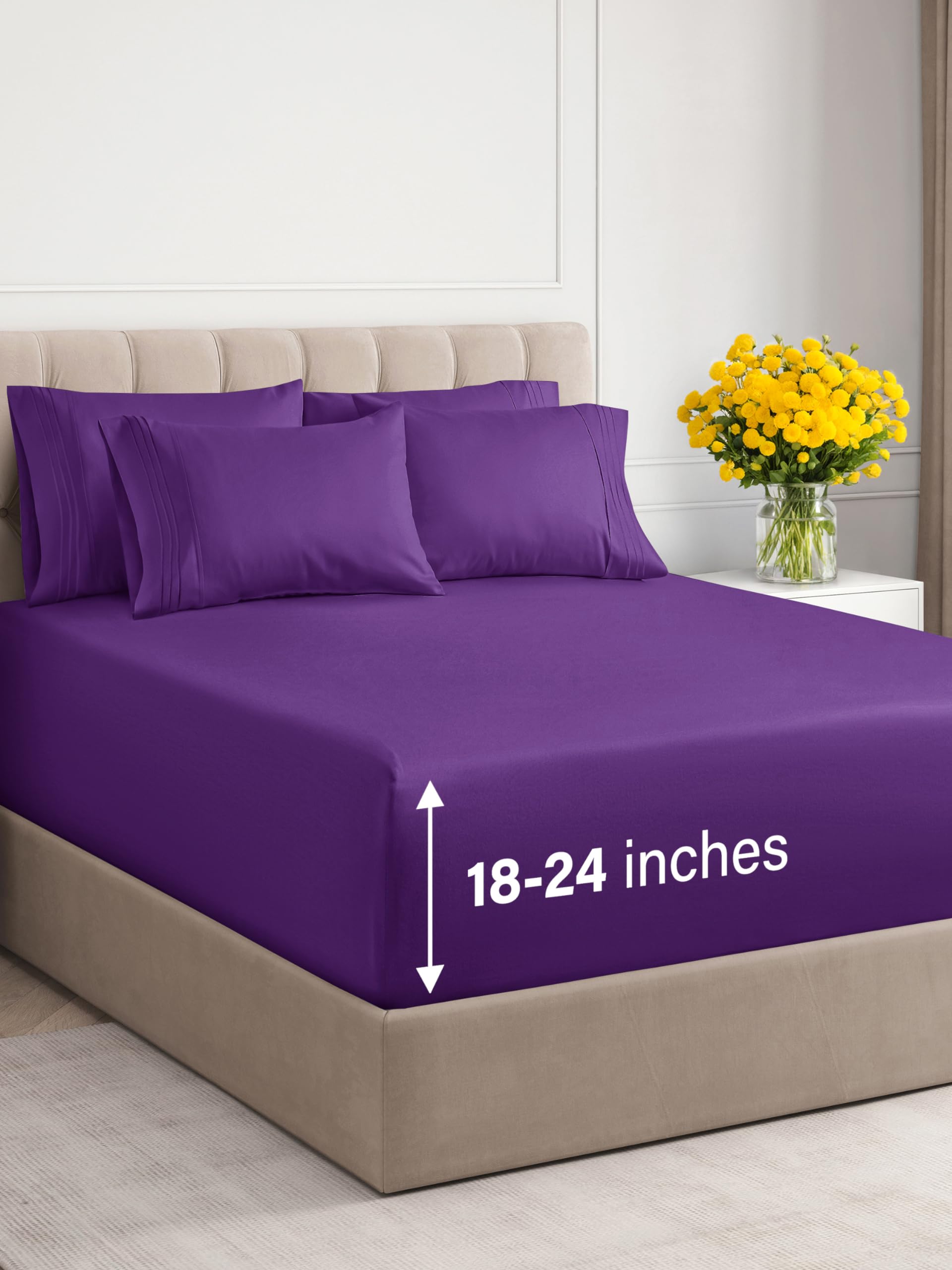 extra deep cal king sheet set - 6 piece breathable & cooling sheets - hotel luxury bed sheets set - easy fit - soft, wrinkle free & comfy sheets set - purple sheet set w/extra deep pockets