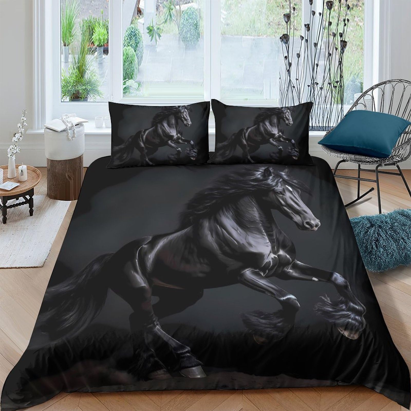GPLZQXKJNH 3D Printed Black Horse Duvet Cover Set Microfiber Soft Breathable Wild Stallion Bedding Set with 2 Pillowcases for Bedroom Decor Single（135x200cm）