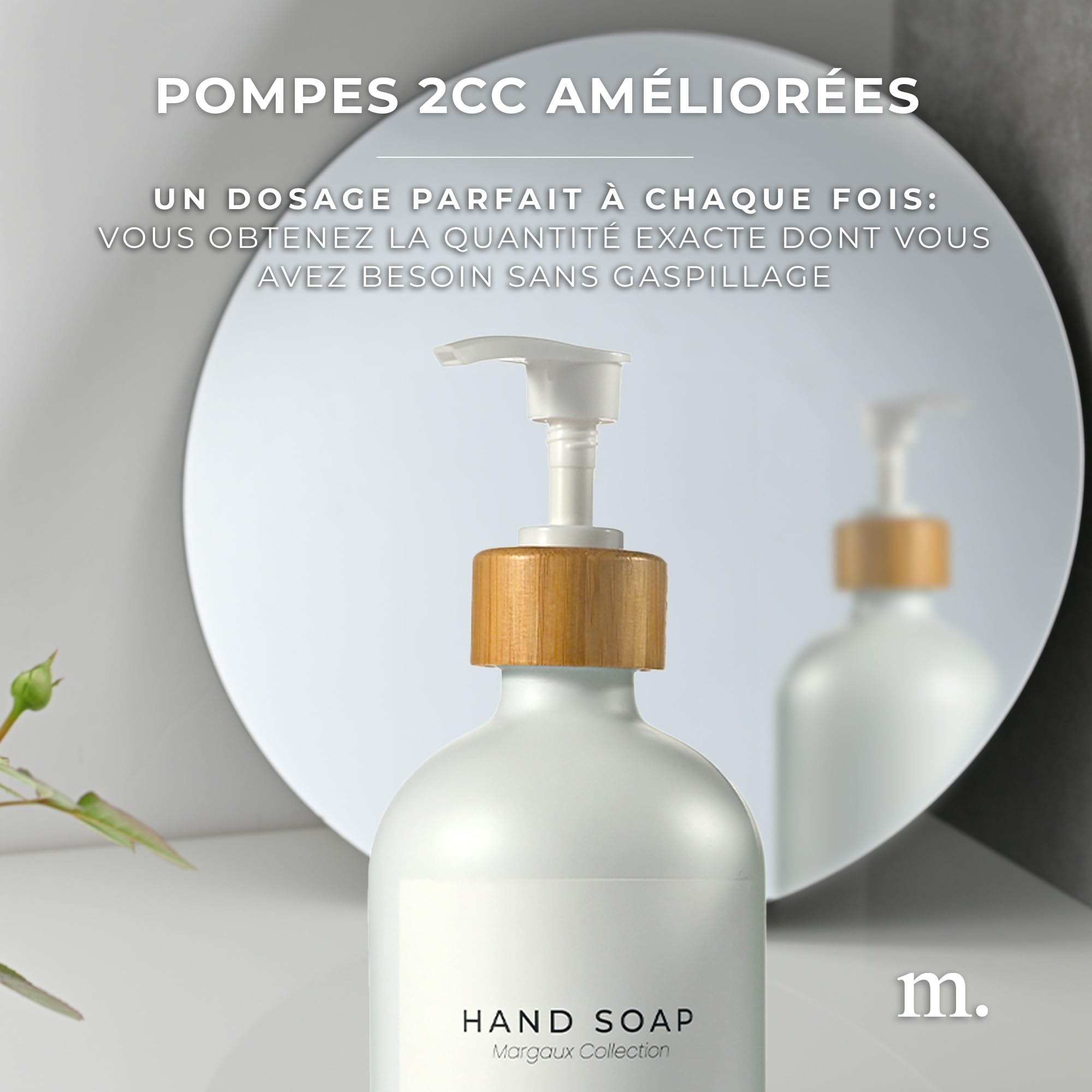 MaisoNovo Distributeur Savon Verre Salle De Bain Lot de 2 - Blanc Distributeurs De Savon Et De Lotion avec Pompe Blanche Bambou, Plateau