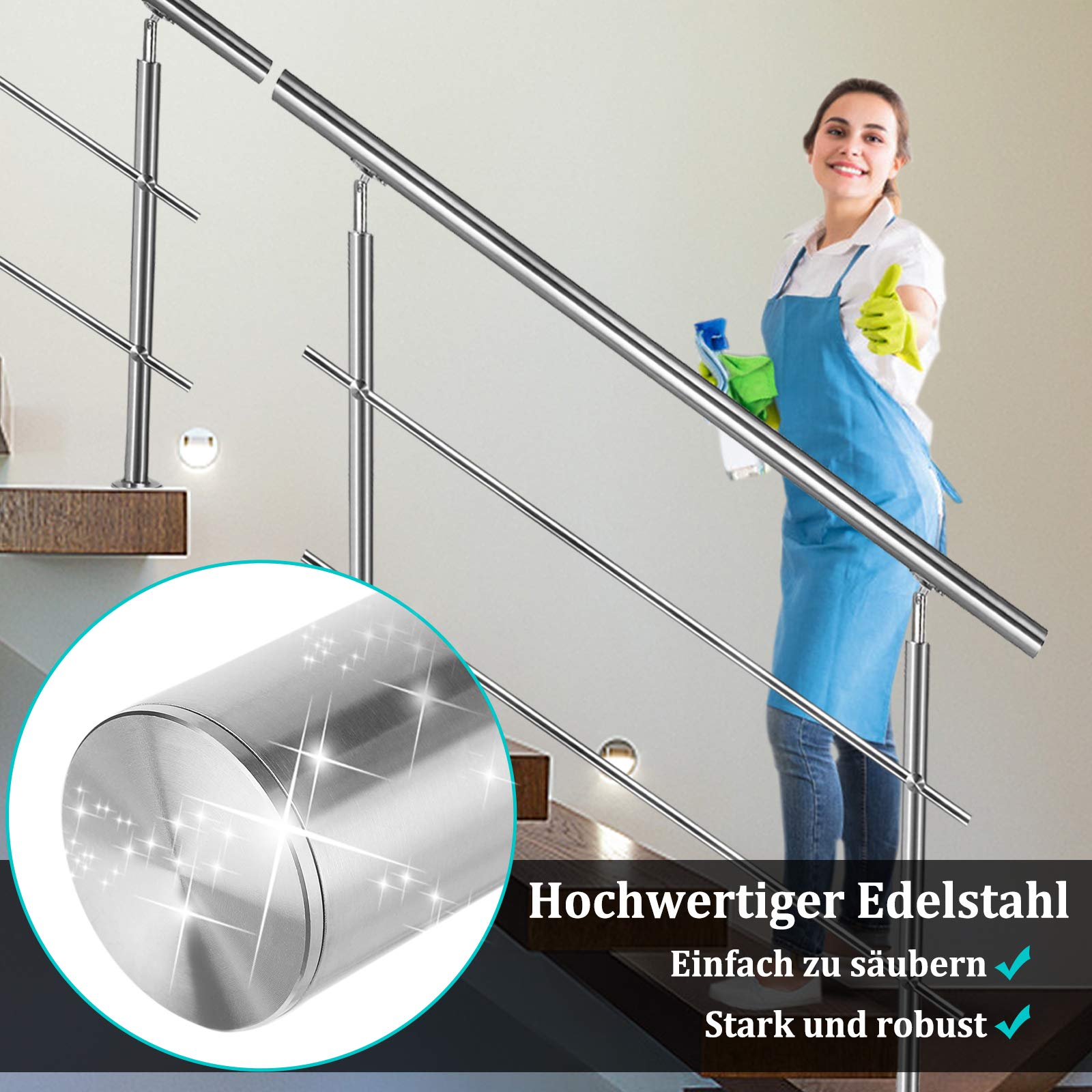 Aufun Poręcz ze stali nierdzewnej, 160 cm, poręcz schodowa do wewnątrz i na zewnątrz, z 2 słupkami, do schodów, balustrady, na balkon (160 cm, 2 poprzeczki)