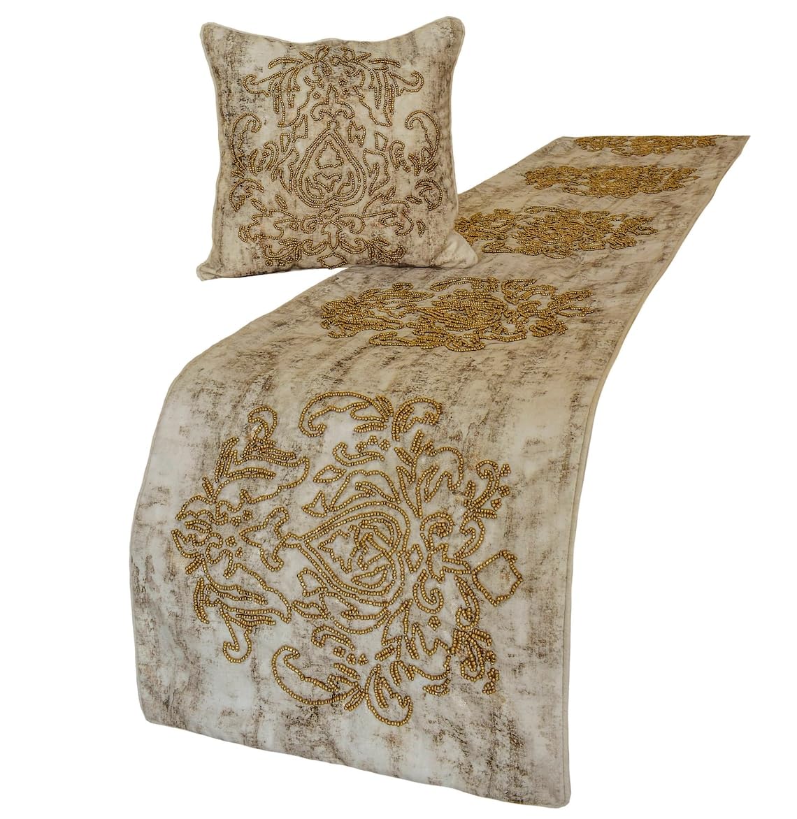 The HomeCentric King/Queen/Twin Ivory & Gold Decorative King 225x45 cm Bed Runner WITH 2 Cushion Cover, Beaded & Foil Bed Scarf on Jacquard fabric - Foil Damask Gold — image 1