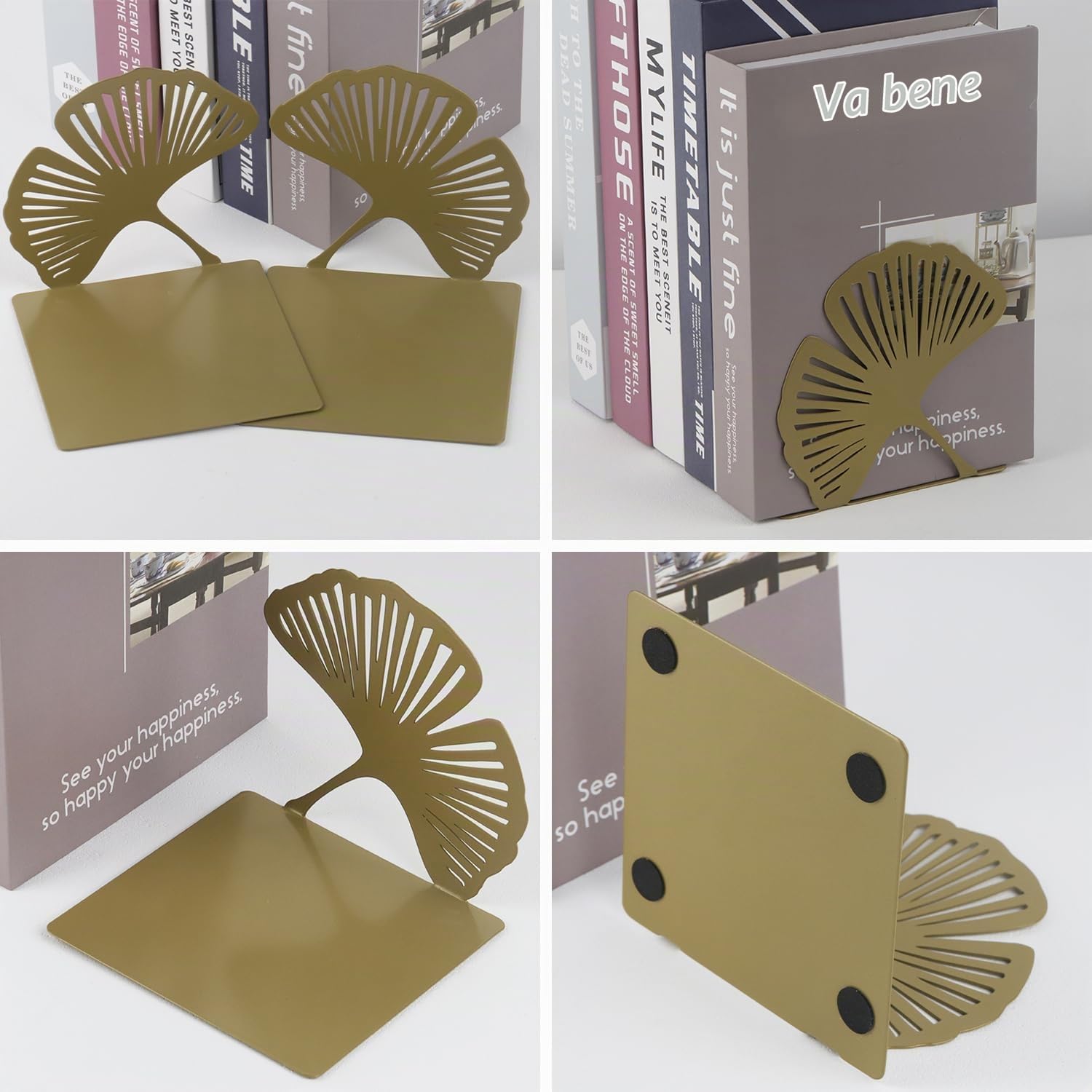 2 Pezzi Fermalibri in Metallo,12.5 x 12.5 x 12.5cm Ginkgo Reggilibri da Mensola,Libreria Decorativi con Base Antiscivolo per Scrivania Ufficio Scuola Biblioteca
