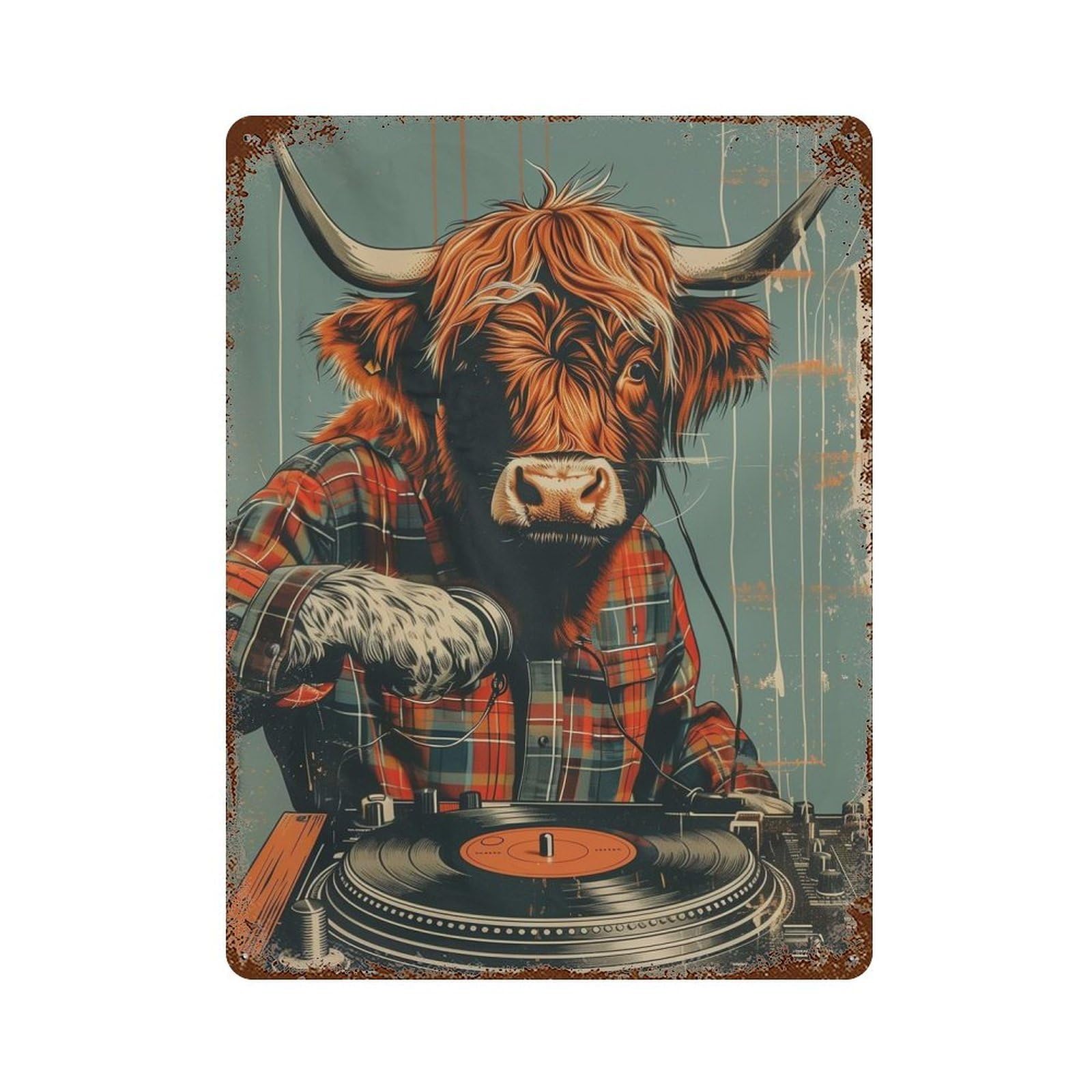 Highland Cow Disk Jockey Retro Metal Sign 15.7"x11.8", for Bistro, Counter And Cafe Decor, Rustic Home Decor