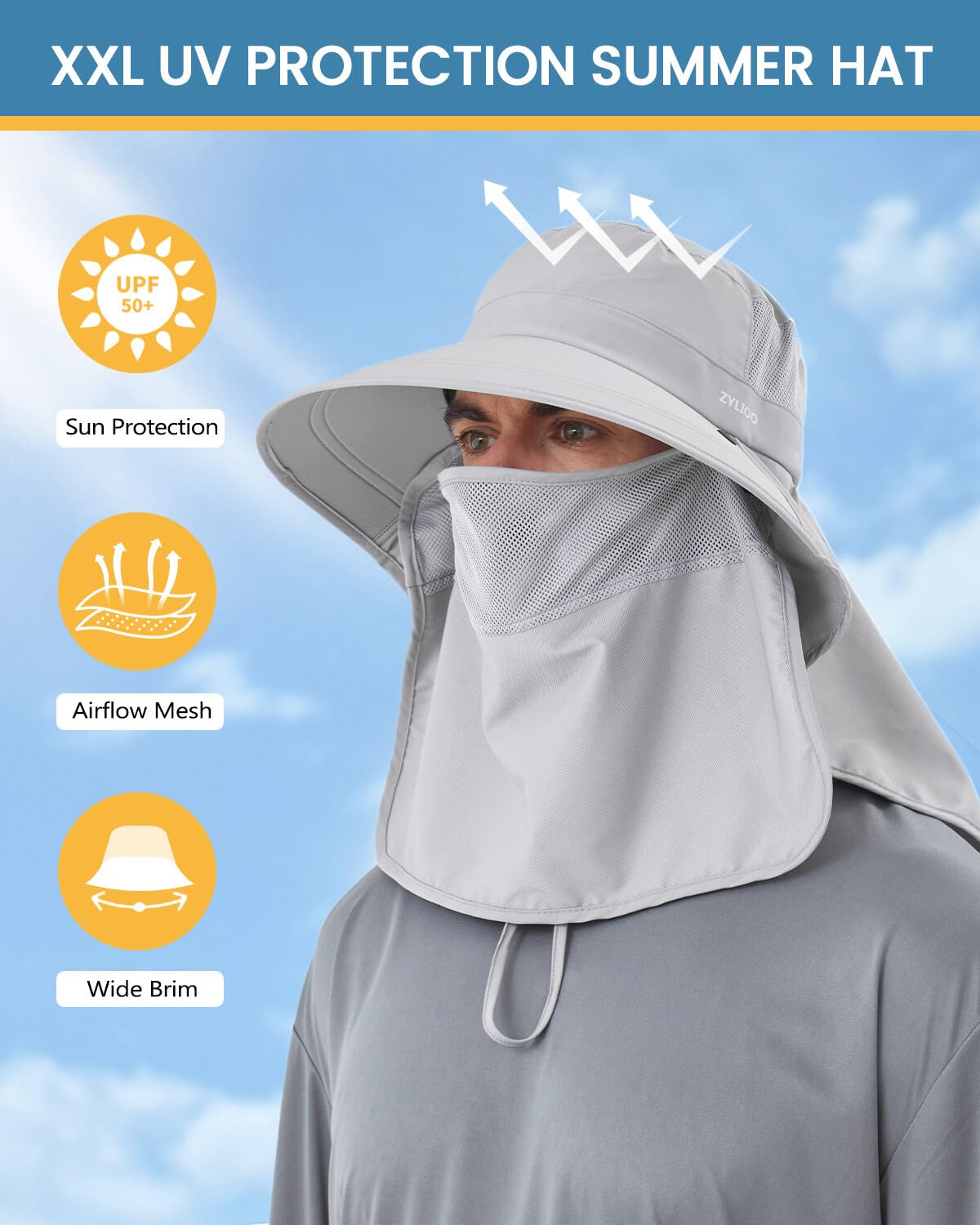 Zylioo Chapeaux de protection UV XXL/XL avec rabat pour le cou, grand chapeau de soleil pour homme avec masque rafraîchissant à large bord pour la pêche