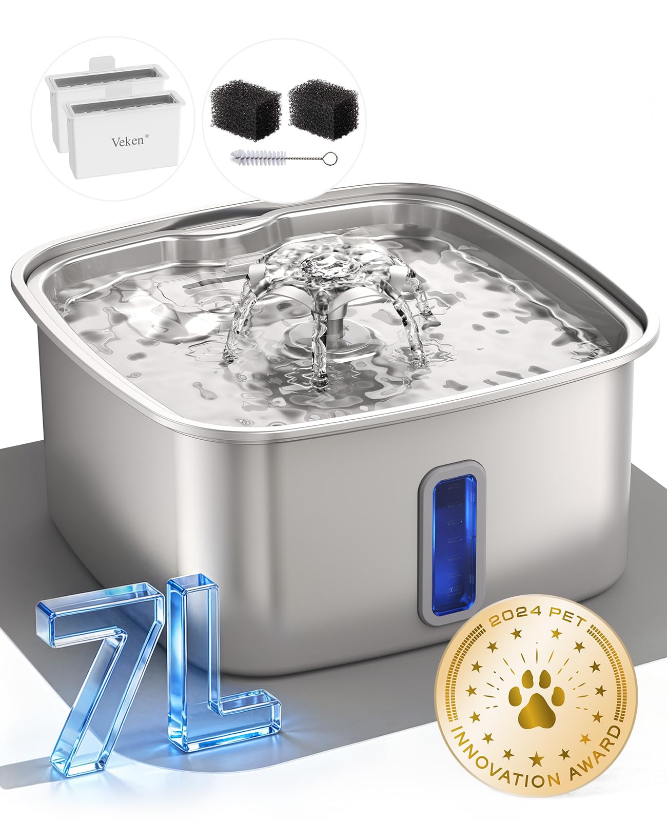Veken Innovation Award Winner Stainless Steel Dog Fountain, 237oz, C2 Max