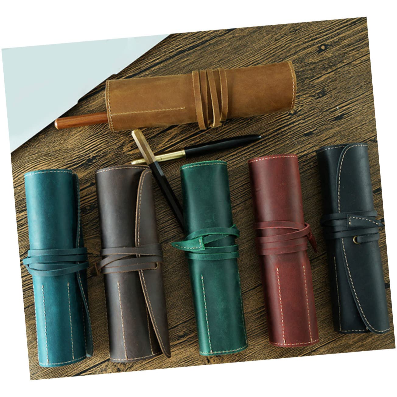Lurrose Estuche Enrollable de Cuero para Bolígrafos y Plumas Estilográficas, Negro, Hecho a Mano, Compartimentos, Adecuado para Oficina y Negocios