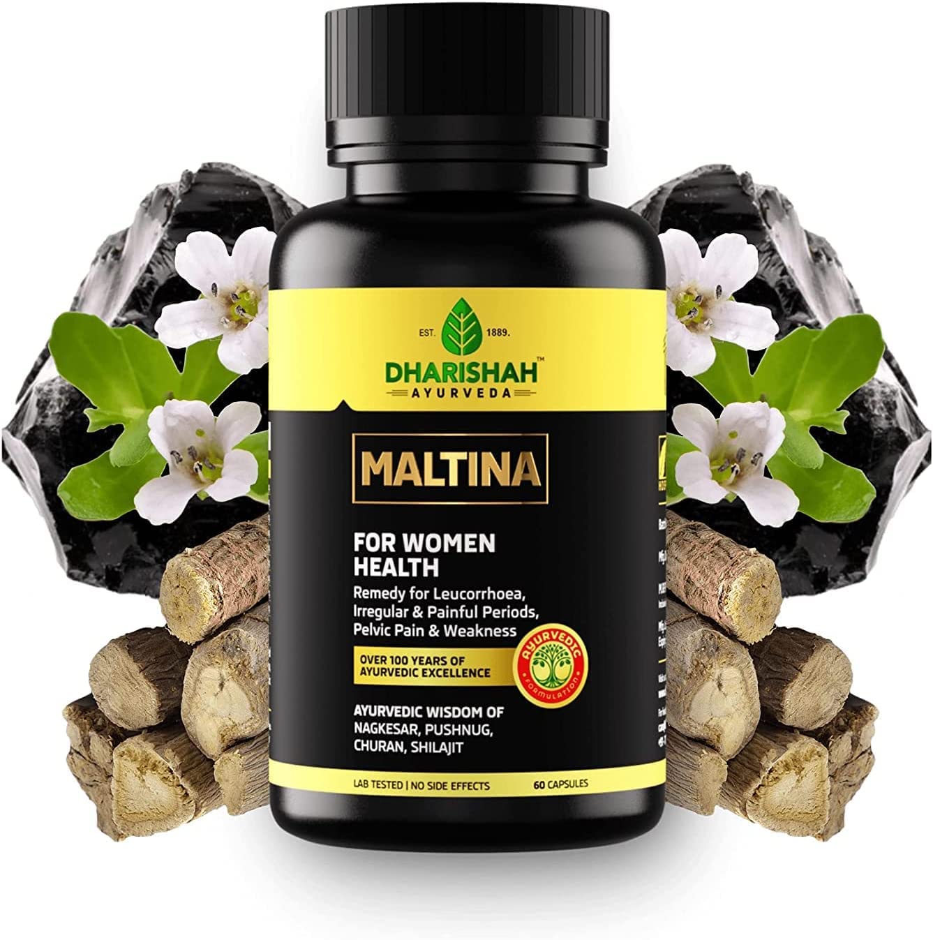 AOZA Dharishah Ayurveda Maltina Capsules for Leucorrhoea or White Vaginal Discharge, Irregular Periods, Painful Menstruation, Estrogen Hormone, Infections, Pelvic Pain and Weakness 60 Caps