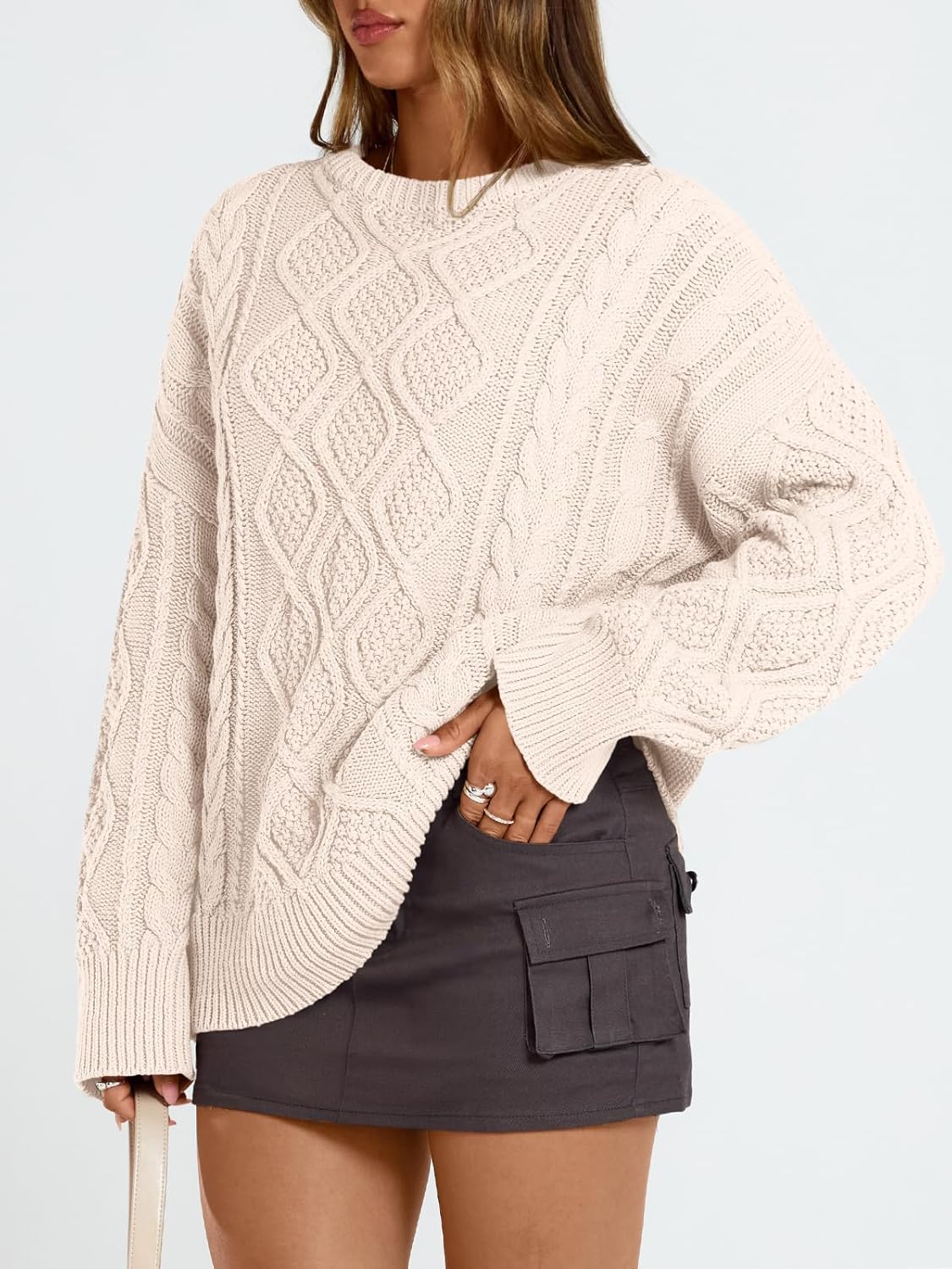 Trendy Queen Women's Oversized Cable Knit Crewneck Sweaters Cozy Winter Clothes - Image 3