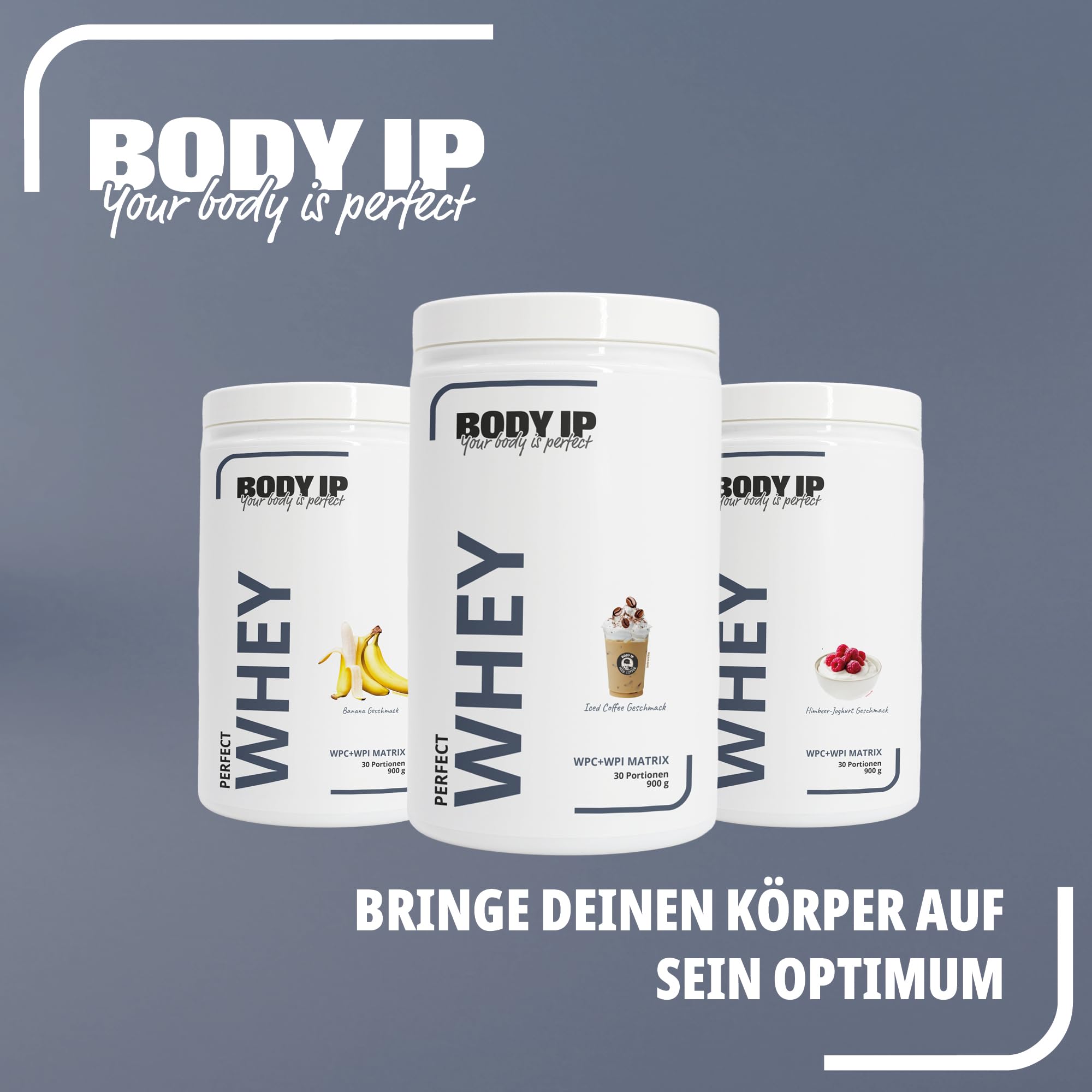 BODY IP Perfect Whey Protein Pulver | Himbeer-Joghurt | Eiweißpulver für Protein Shake & Muskelaufbau | hoher BCAA Anteil | 30 Portionen | Whey Isolat & Konzentrat | hoher Eiweißgehalt | 900g