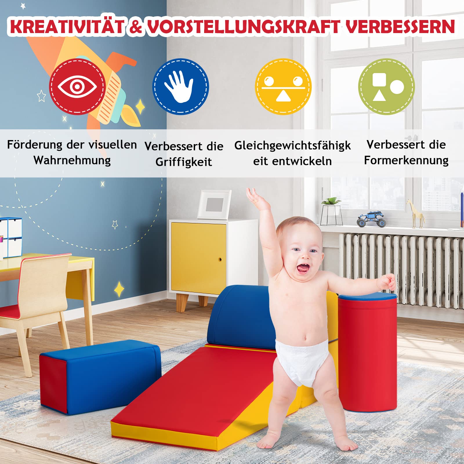 DREAMADE 5 TLG. Softbausteine für Kinder, Großbausteine Riesenbausteine zum Toben und Klettern, Schaumstoffbausteine für Kindergarten Kinderzimmer, Bauklötze aus PE und EPE (Rot+Blau)