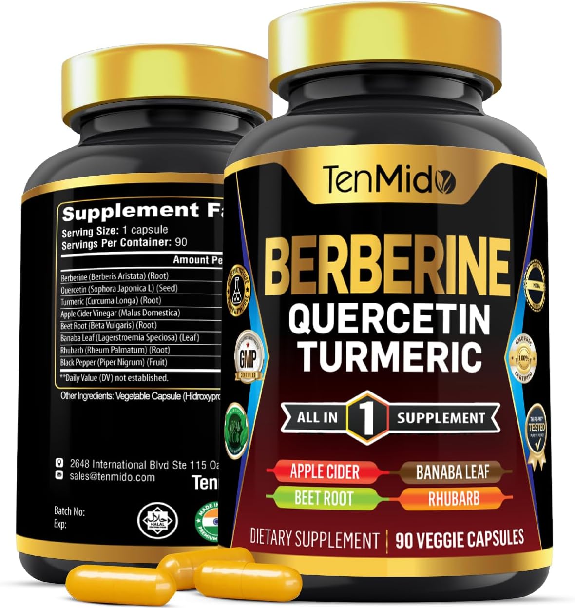 Berberine Supplement for Men and Women, 8in1 Formula with Quercetin, Turmeric, Apple Cider Vinegar, Beet Root & More - Digestive, Immune Support - Rich in Nutrient - 90 Capsules