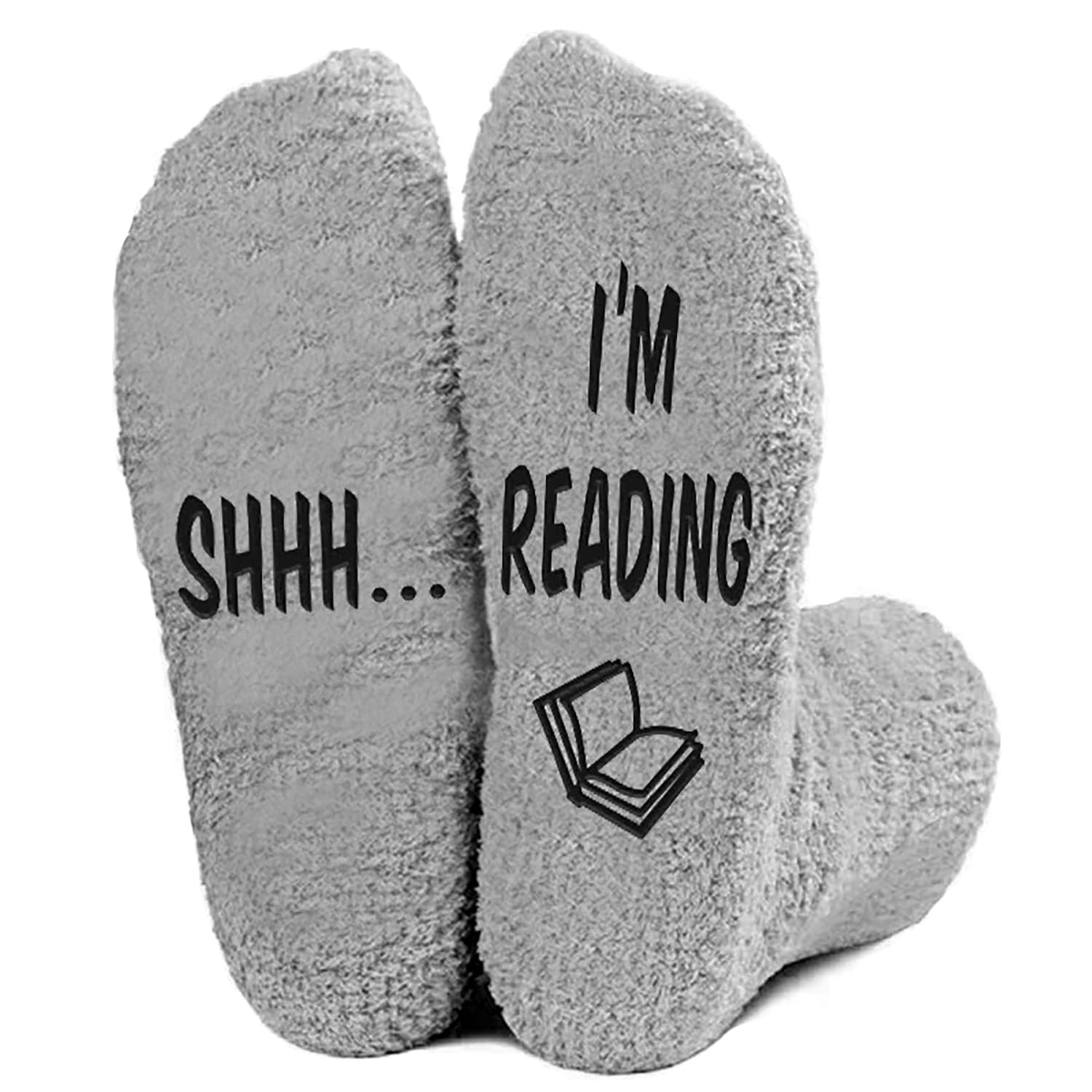 Grey fluffy socks with SHHH I'm Reading printed on the soles