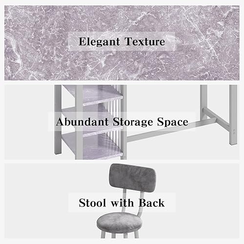 Miniatura 6 de Lamerge Mesa de altura de barra de cocina y sillas para 2, mesa de comedor compacta de 5 niveles, parte superior gris y 2 asientos tapizados de piel