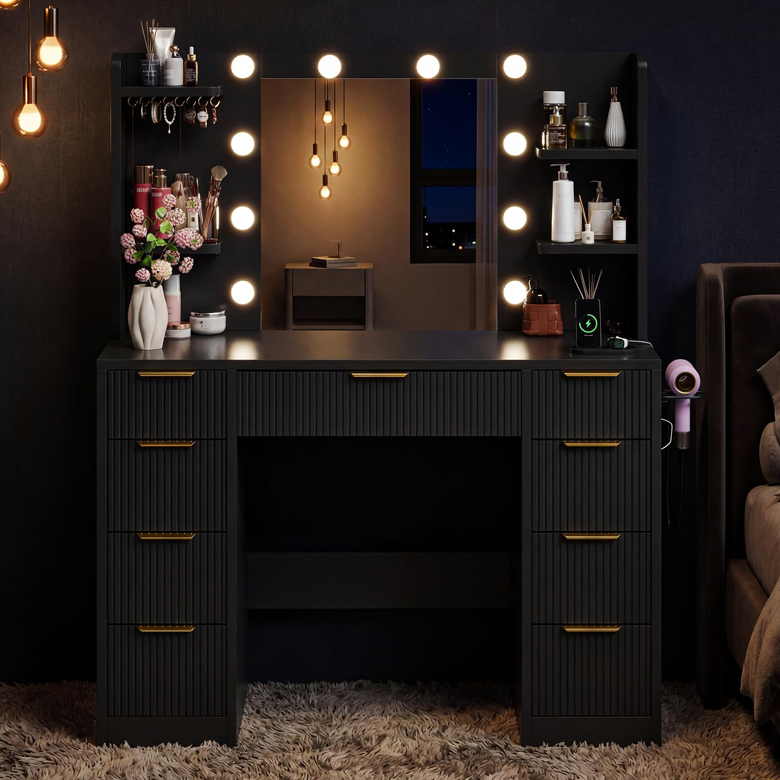 Devoko Mobile da Trucco Moderno con Illuminazione e Presa - Grande Comodino con Specchio, 9 Cassetti e Porta Phon, Tavolo Vanity per il Make-up (Nero)