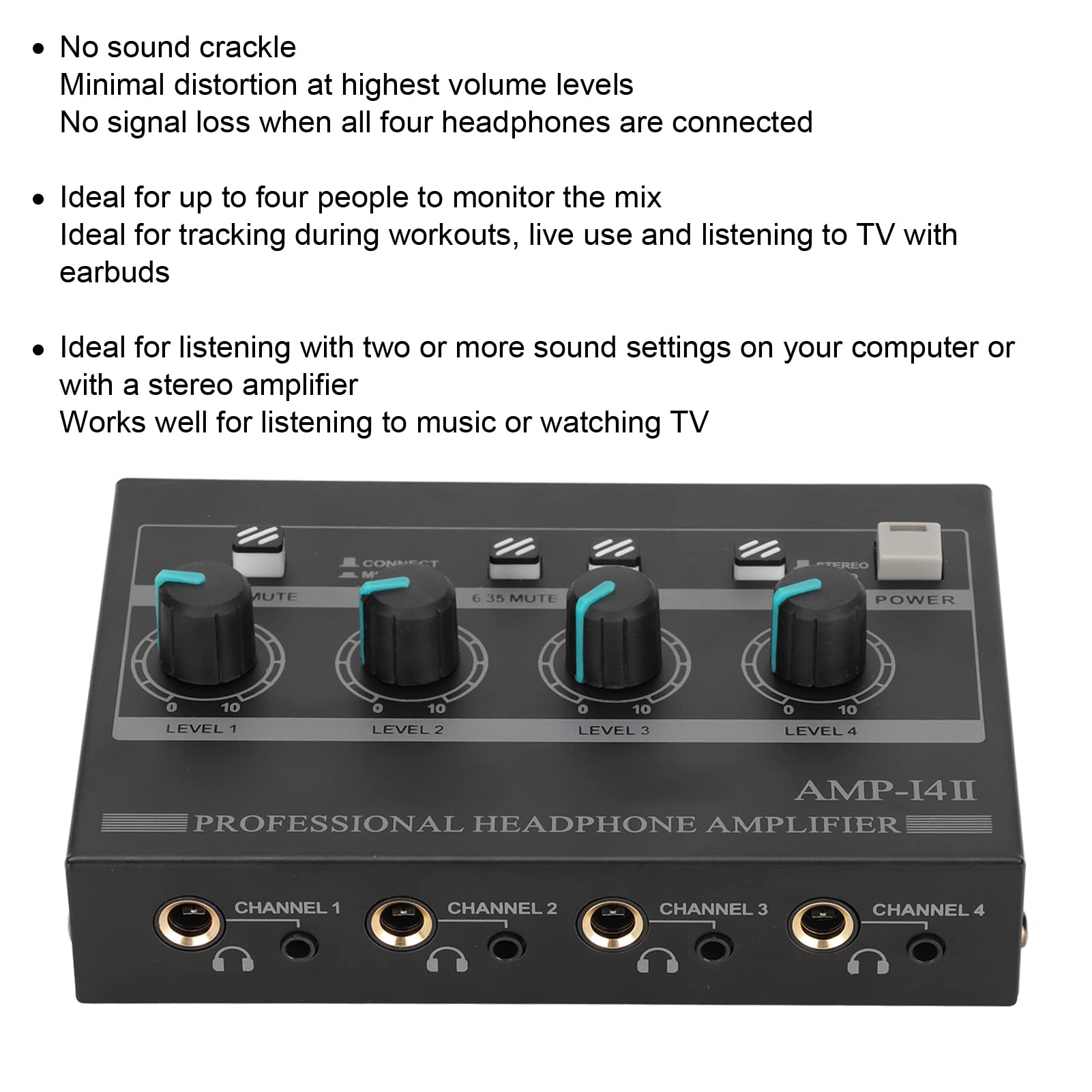AMP14II Amplificateur de Casque 4 Canaux, Amplificateur de Casque Stéréo Compact 4 Voies avec Adaptateur 12 V 2 A, Distorsion Minimale pour Studio et Scène (Prise UE)