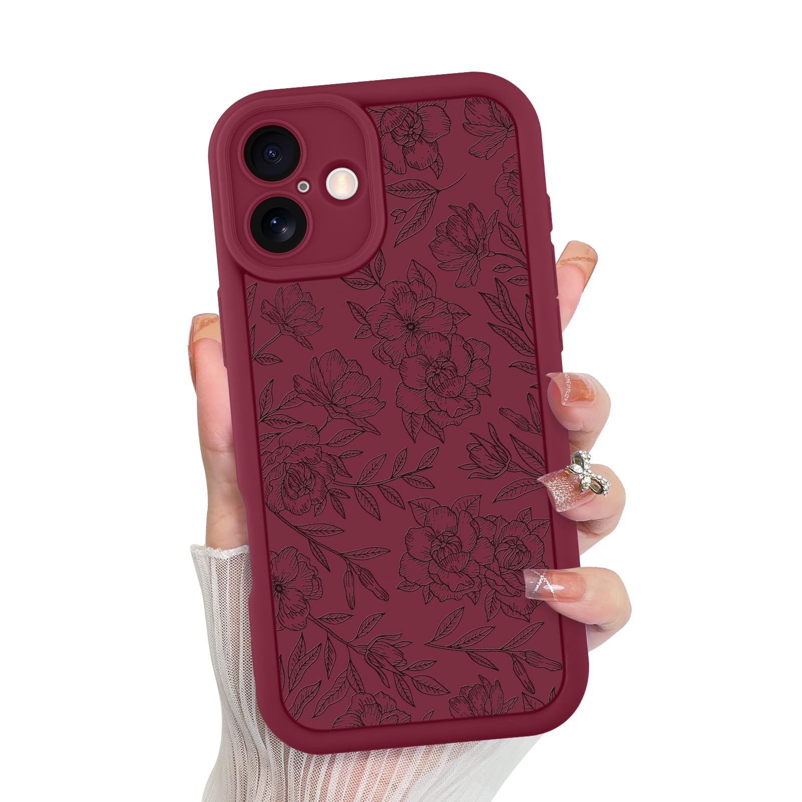 MZELQ for iPhone 16 Case, Silicone Floral Flower Cute Pattern, Camera Protection Soft Slim Shockproof for Girls Women -Red