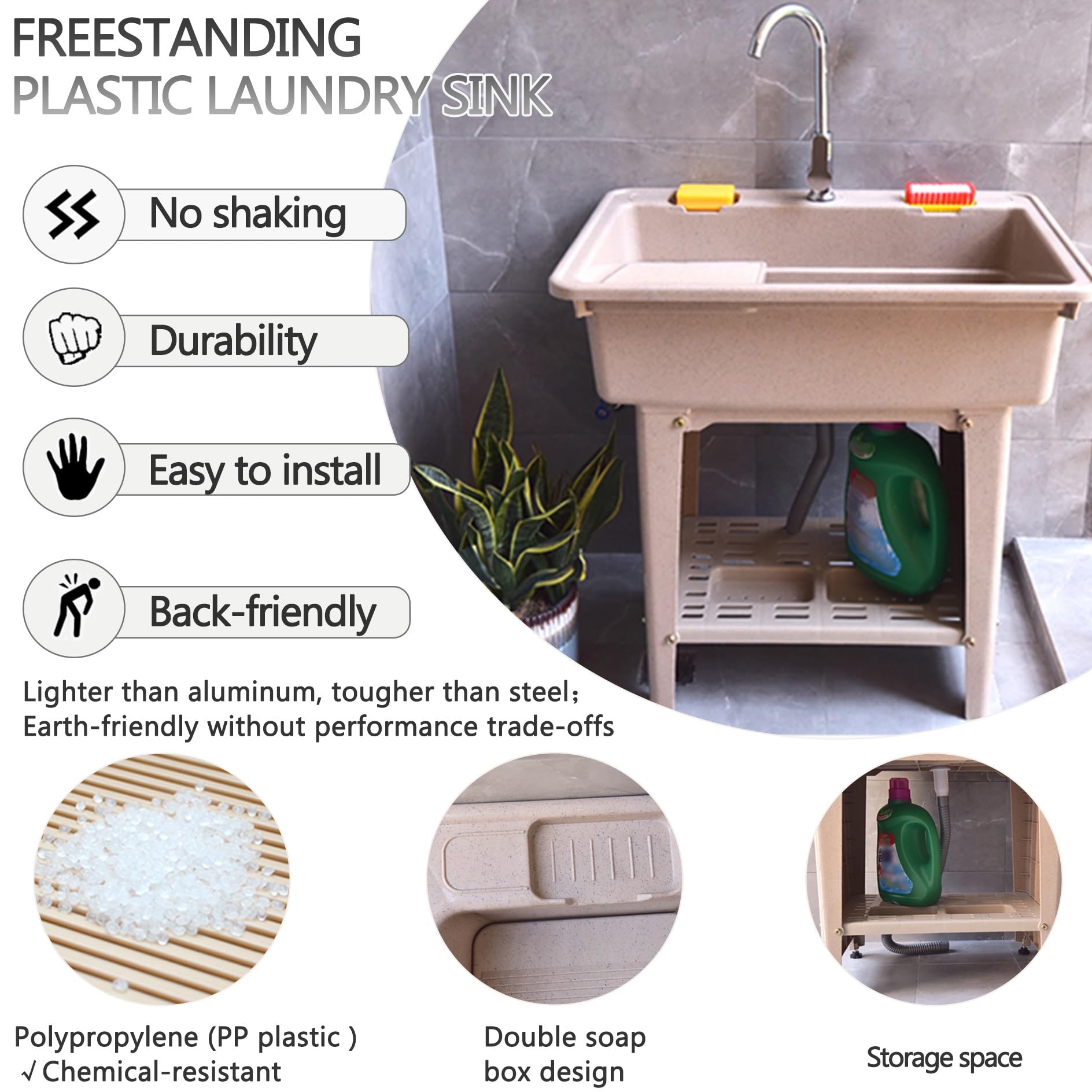 Fregadero Exterior Jardin de Plástico,Fregadero Portatil Camping,Pila de Lavar,Lavabo con Grifo,kit de desagüe,Pica Baño,Lavadero Ropa a Mano,para Interior,Garaje,Restaurante,Lavandería(Coffee color,8