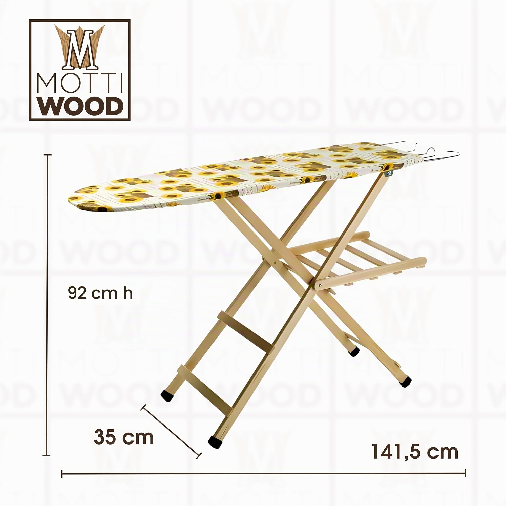 Planche à repasser, l'original Mottiwood, planche à repasser réglable 3 positions, pliable, bois de hêtre 100 %, 35 x 141,5 x 92 h, fabriquée en Italie (couleur naturelle)