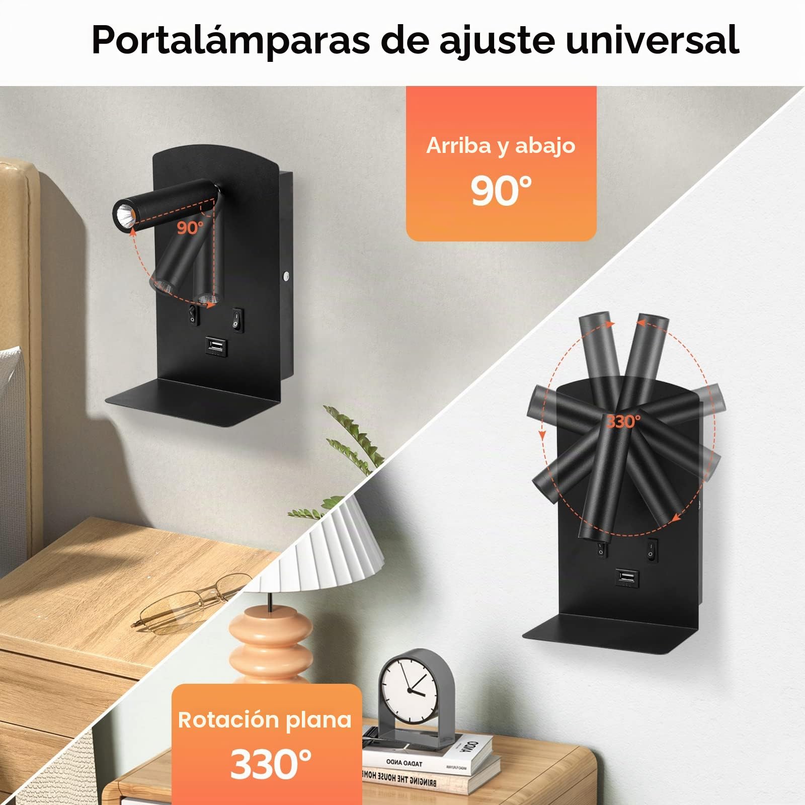 Luz de Lectura Cabecera 3W+9W 3000K, Lámpara de pared LED con Puerto de Carga USB e Interruptor, Lámpara de Pared del Pasillo ángulo Ajustable para Dormitorio Escaleras Salas de Estar Hotel (2 negro)