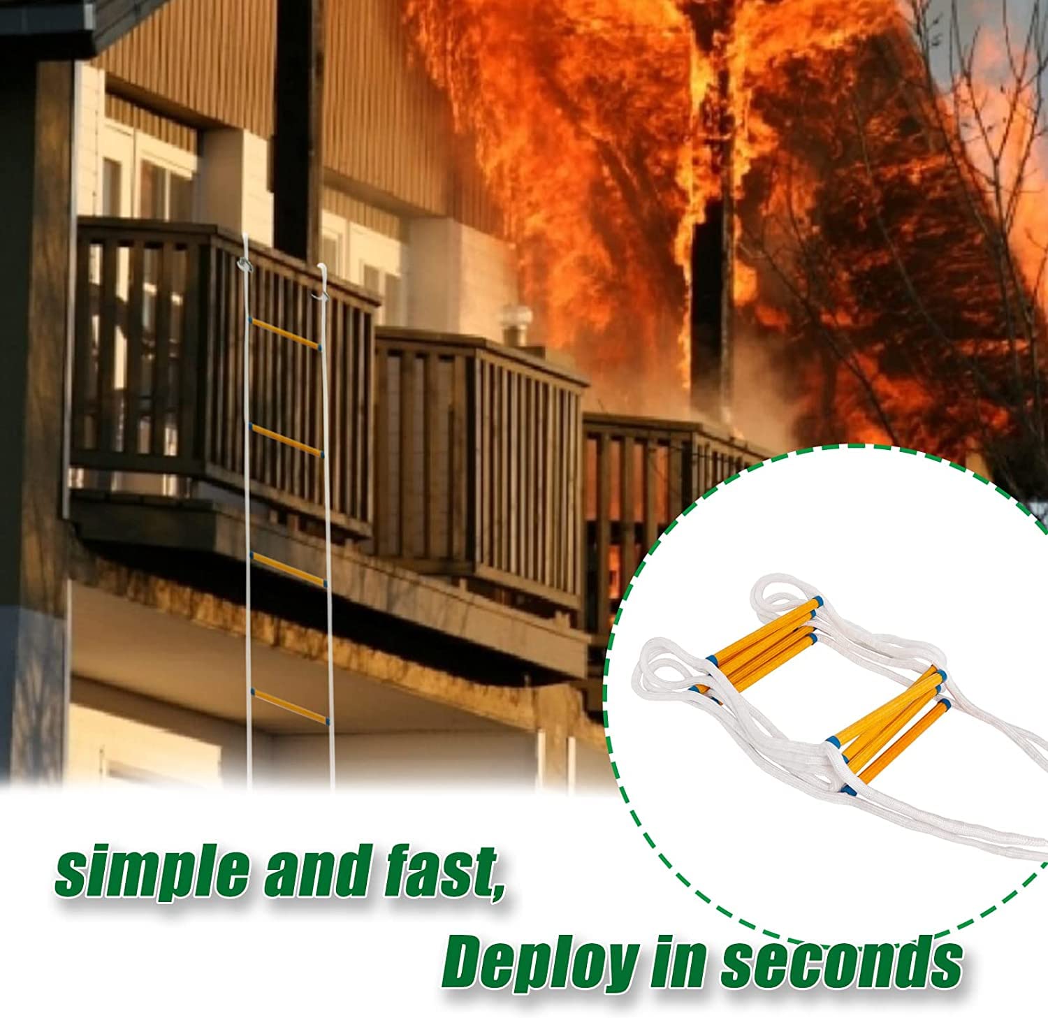 Escalera de Cuerda de Escape de Incendio 5.2m, Escalera de Escape de Emergencia con Mosquetón para 2 Pisos Casa, Casa del Árboles, Balcón y Barandilla, Capacidad de Peso de hasta 900kg Poweka