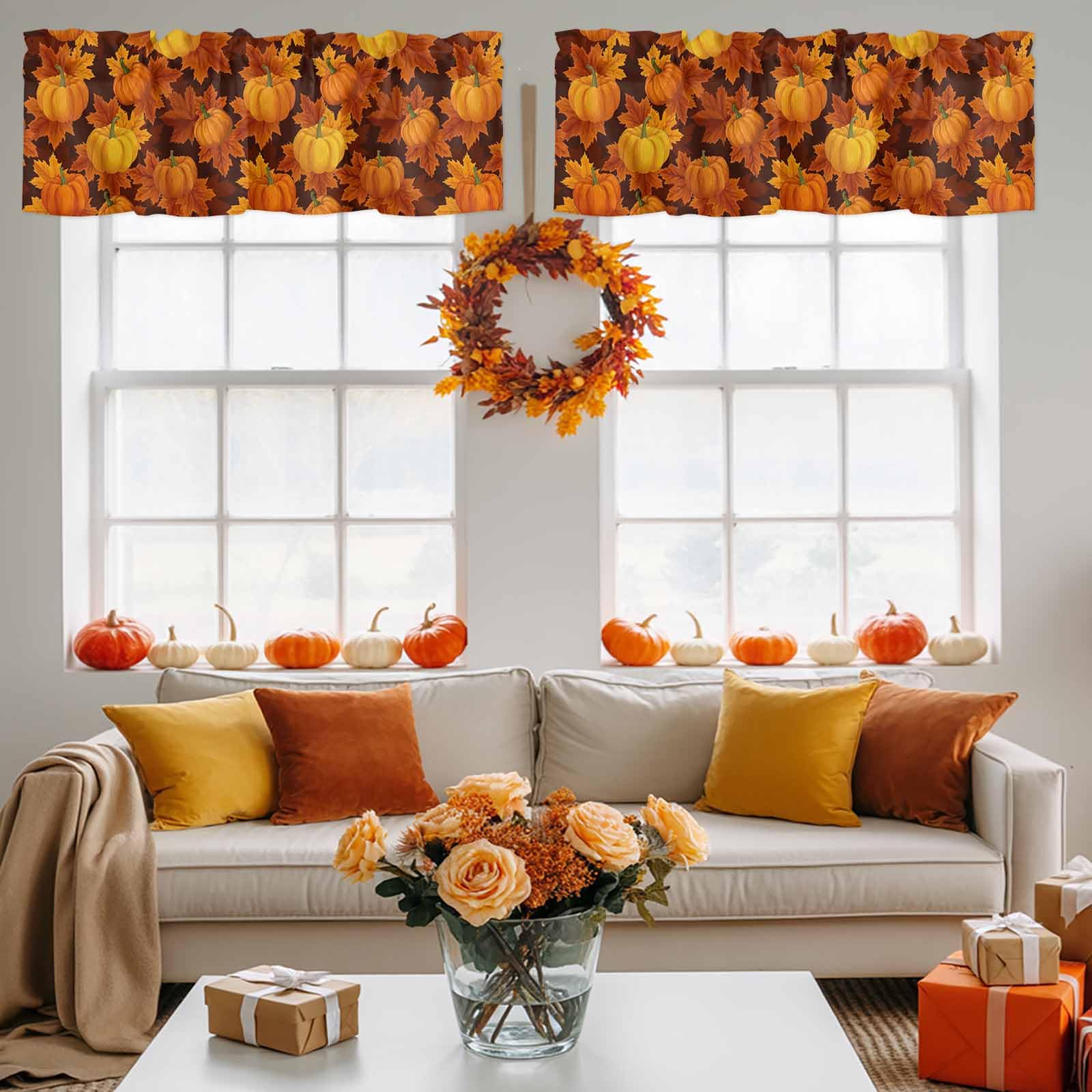 Fall Maple Leaf Kitchen Curtain Valance - 54x18 Inch Orange Harvest Window Treatment With Rod Pocket