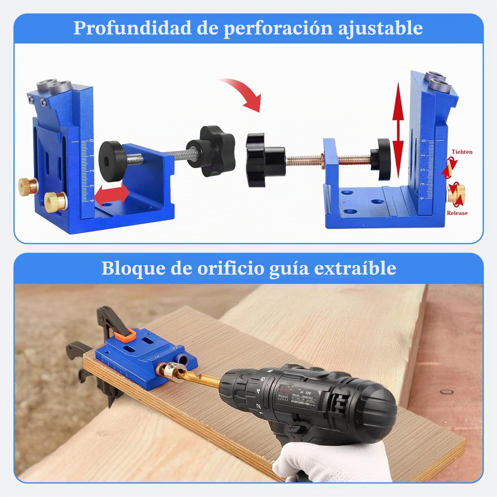 Kit de plantilla de agujero de bolsillo, herramienta de ángulo de junta de madera, plantilla de tornillo de bolsillo de metal con 2 brocas de 15°