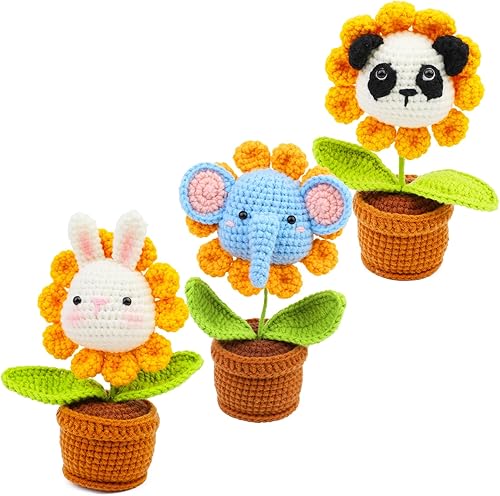 Iuuidu Kit de ganchillo de 3 piezas para principiantes, panda animal de bricolaje, elefante, kit de ganchillo de conejo, kit de tejido de ganchillo