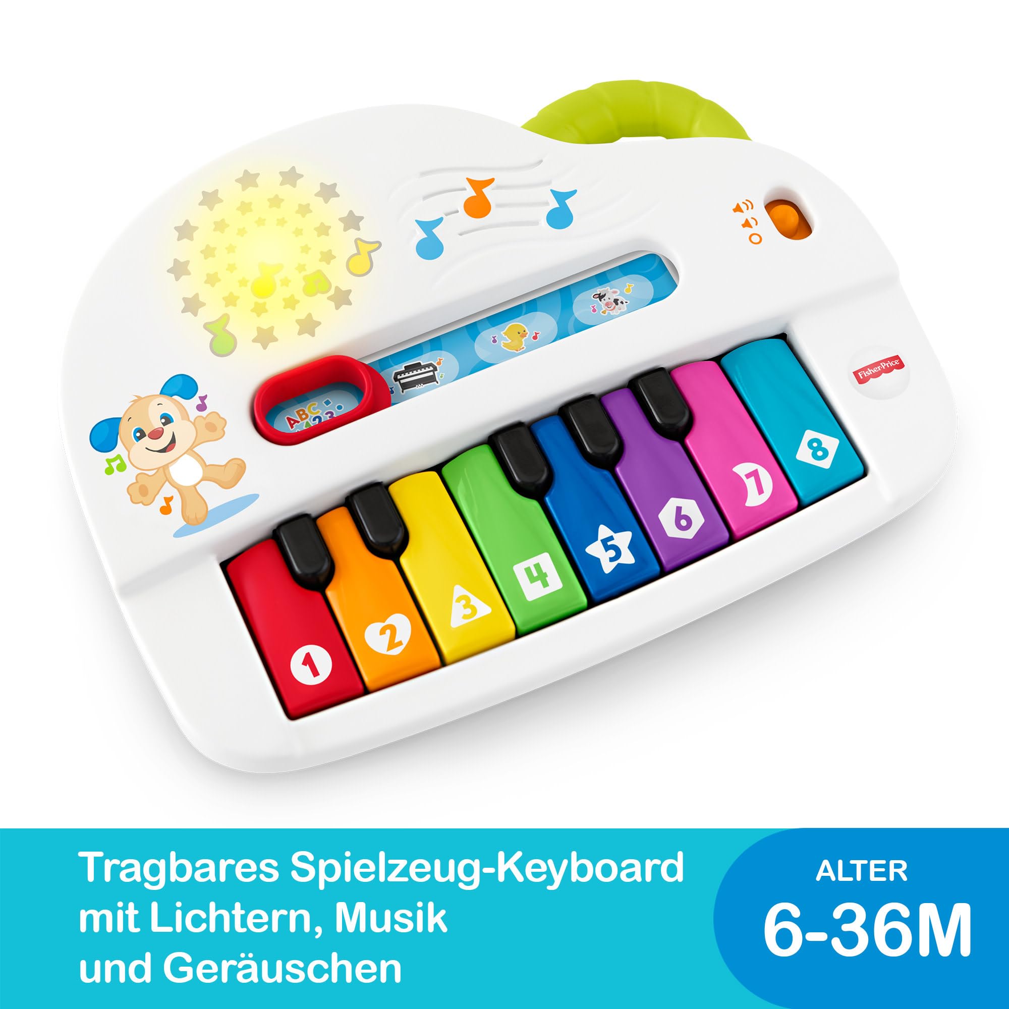 Fisher-Price Babys erstes Keyboard - tragbares Spielzeugklavier mit 4 Spielmöglichkeiten, Liedern, Lichtern und Geräuschen, spielerisches Lernen, spricht deutsch, ab 6 Monaten/ 1 Jahr, GFK01