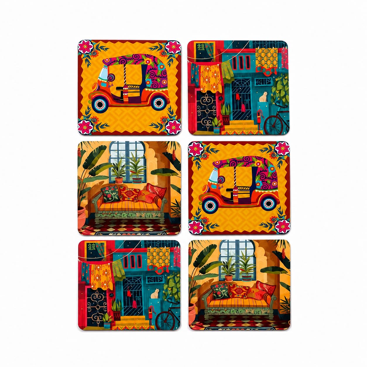 TAJNAN Indian Art Printed Coaster Set of 6 Beautiful Wooden Coasters with Plastic Coating Proper Coaster Stand Designer Coaster (taj-Coaster-auto-h)-image-1