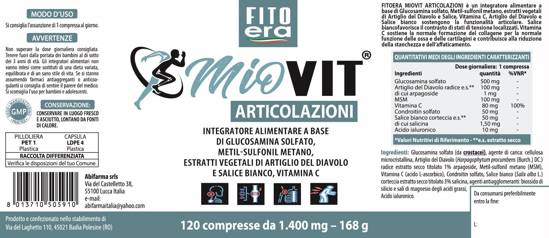 MIOVIT ARTICOLAZIONI Glucosamina Condroitina MSM con Acido Ialuronico, Artiglio del Diavolo, Salice Bianco con Vitamina C -120 compresse