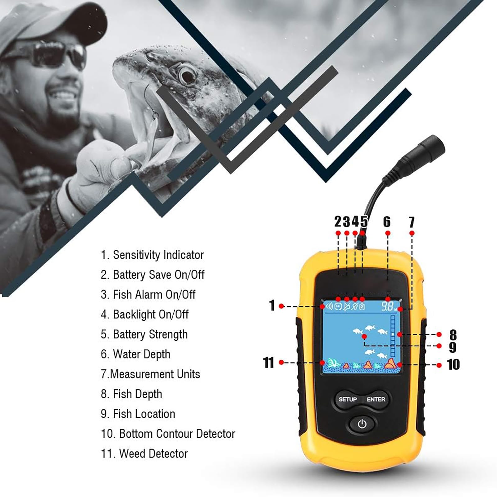 Buscador De Peces Portátil, Probador De Peces Portátil Con Pantalla LCD, Sensibilidad Ajustable, Distingue Automáticamente Los Peces Y La Profundidad De Detección De 100 Metros, Para Pesca Hielo