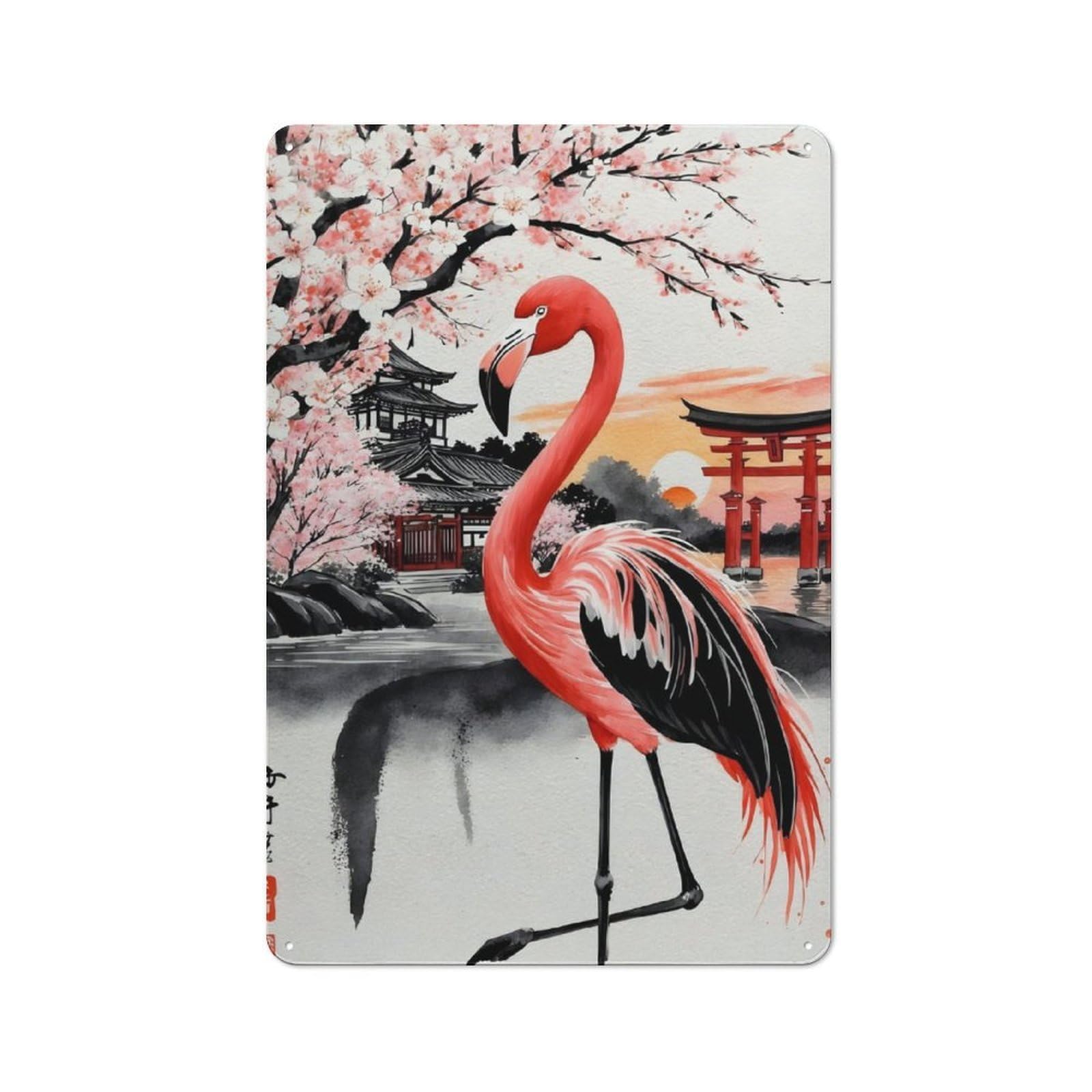 Junmoney Flamingo Japan Painting Rustic Metal Sign 30X20cm Featuring For Living Room Wall, For Vintage Wall Decor Fans, For Metal Sign Collectors