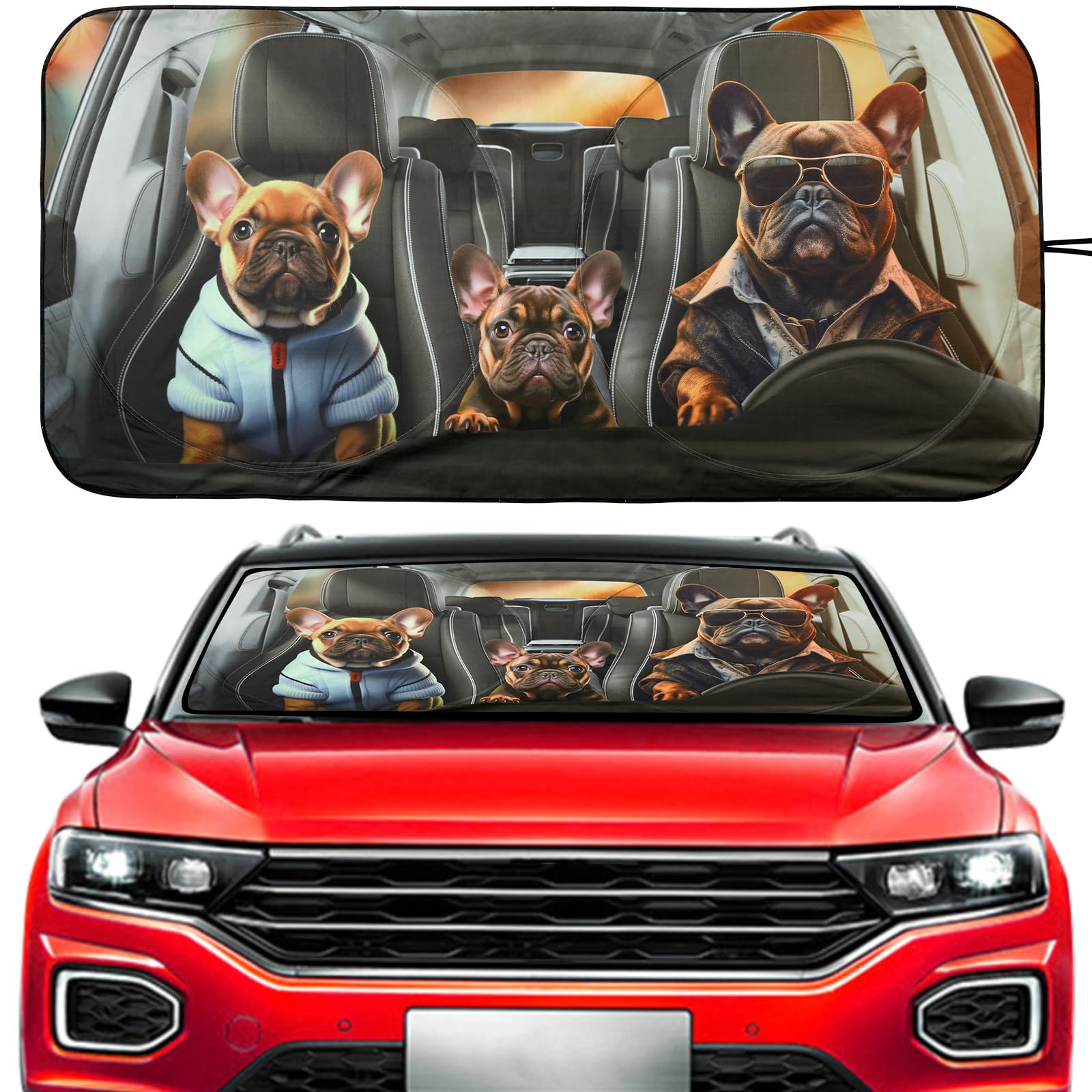 Vepagoo Windshield Sun Shade Funny Puppy Design Sun Shade for Car Front Window Anti-UV Rays， Heat Protection for Car Interior Dashboard，Car Window Dekoration(65X32 inches)
