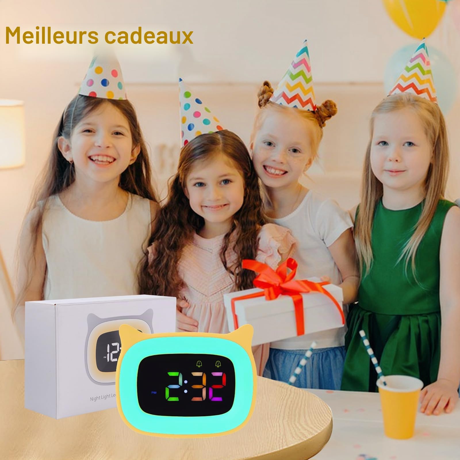 Seutgjie Réveil Enfant Lumineux pour Adolescent/Fille/Garçon, Reveil Chat à RGB 8 Couleurs & 18 Sonneries & 2 Alarmes, Réveil Enfant Éducatif 12/24 Heures avec Mode de Répétition